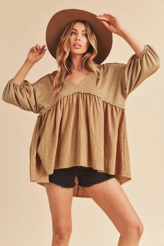 Camel Textured V-Neck High-Low Babydoll Blouse