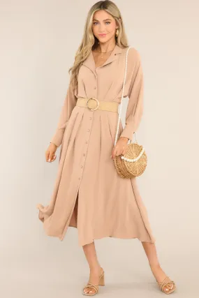 Cherish Now Beige Button Front Midi Dress
