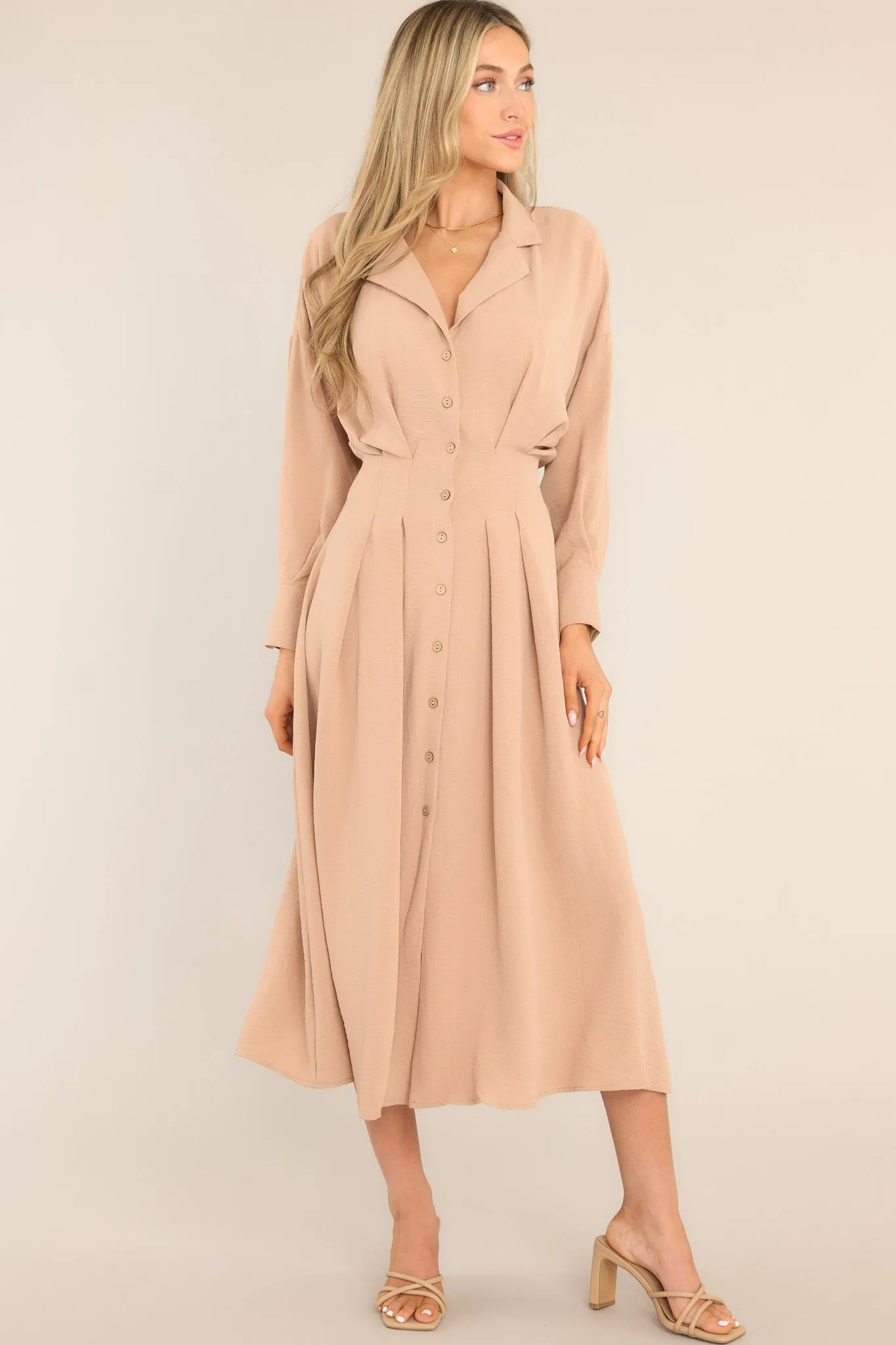 Cherish Now Beige Button Front Midi Dress