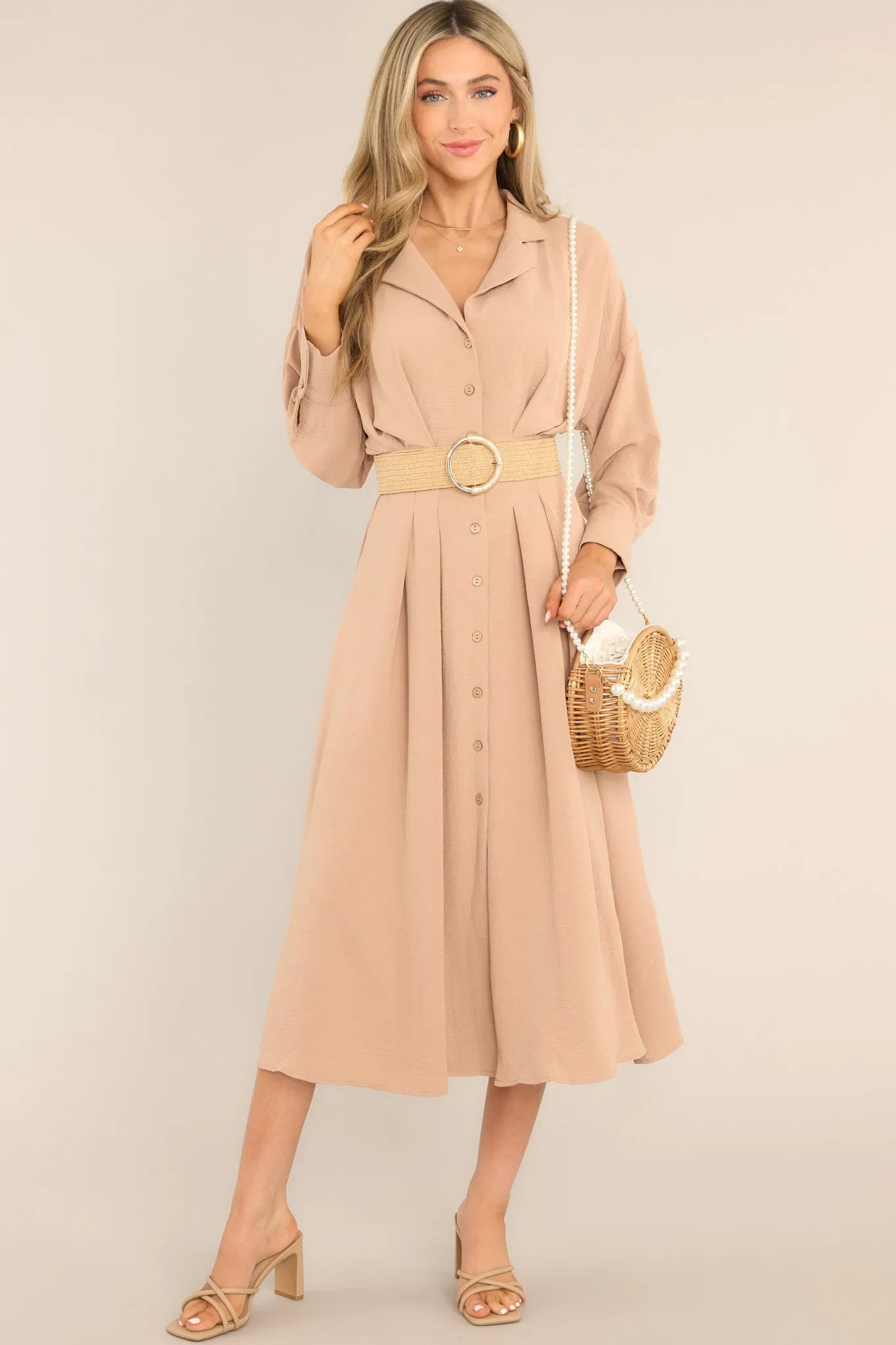 Cherish Now Beige Button Front Midi Dress