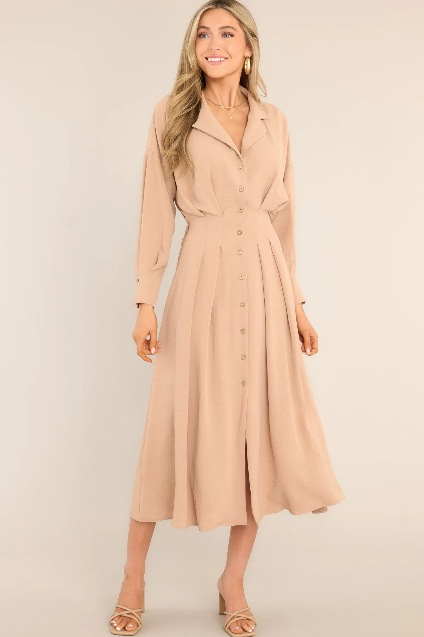 Cherish Now Beige Button Front Midi Dress