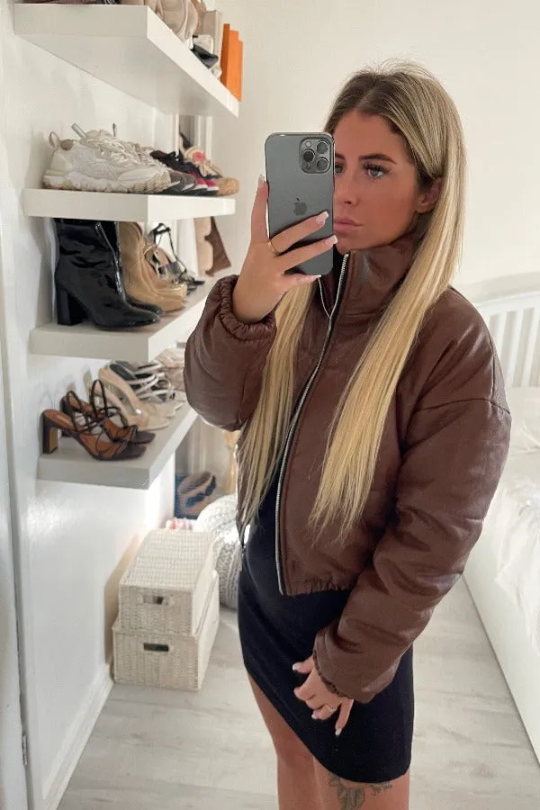 CHOCOLATE MATT FAUX LEATHER QUILTED BOMBER JACKET