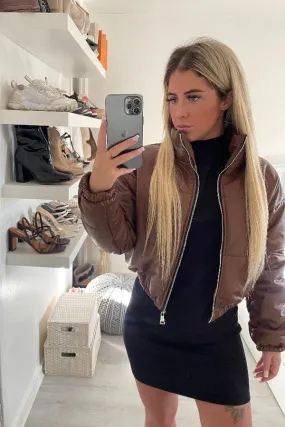 CHOCOLATE MATT FAUX LEATHER QUILTED BOMBER JACKET