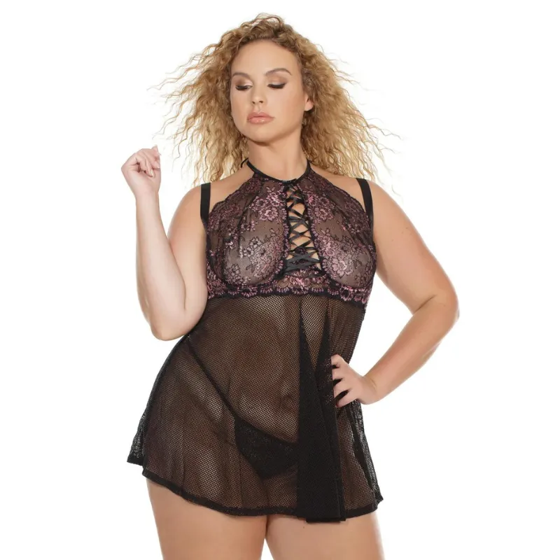 Coquette Sheer Halter Babydoll Black