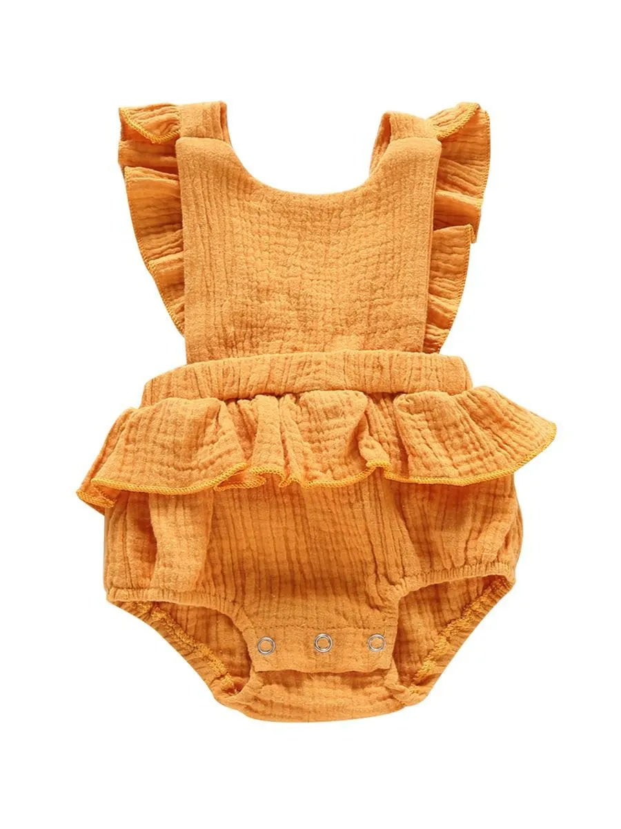 Crinkle Gauze Backless Ruffle Solid Color Bodysuit