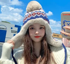 Cute Patterns Sweet Woolen Knit Plush Velvet Thick Warm Winter Trapper Hat