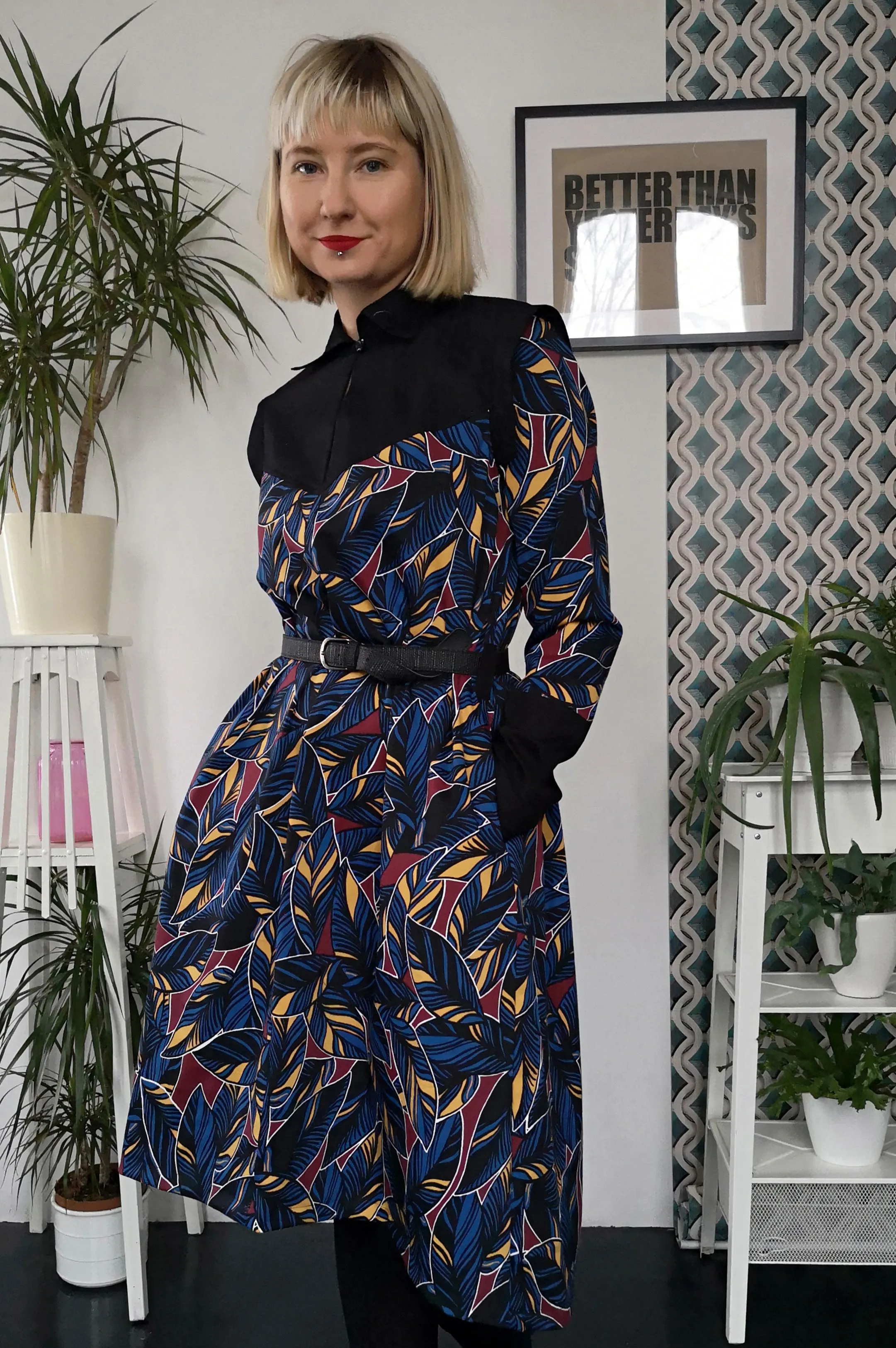 Dark Blue Patterned Space Warrior Princess Cotton Dress with Black Satin Details