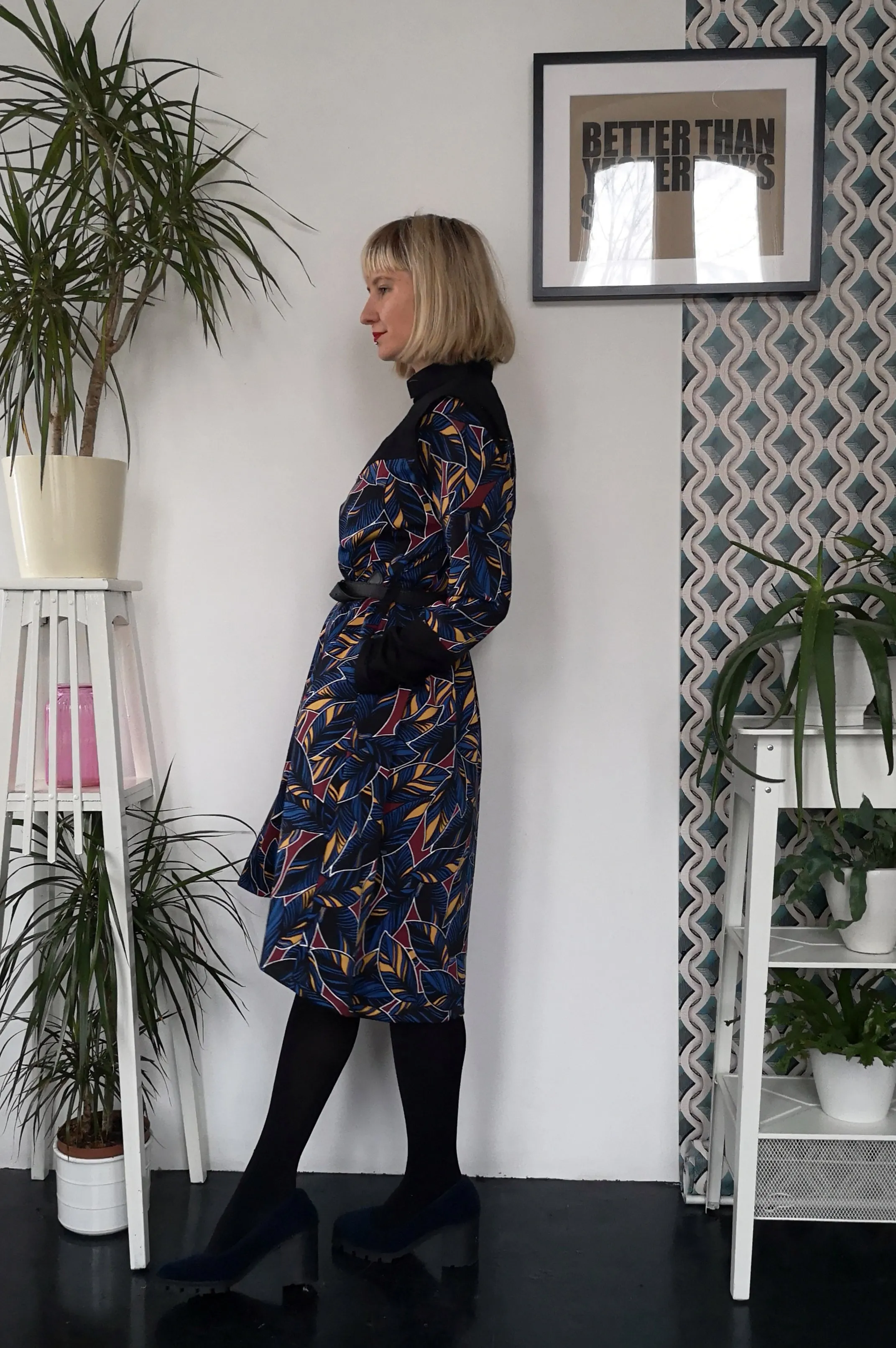 Dark Blue Patterned Space Warrior Princess Cotton Dress with Black Satin Details