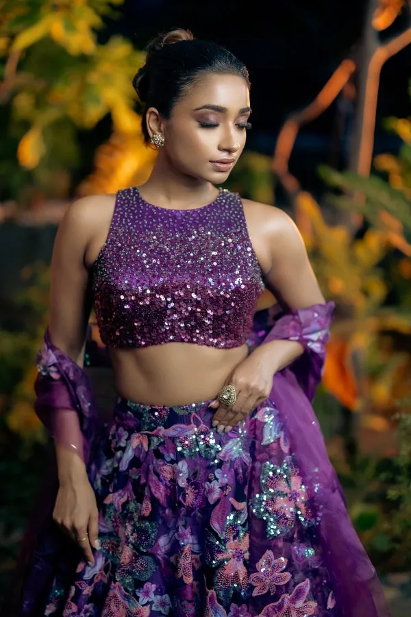DESIGNER EMBELLISHED CROP TOP AND SKIRT IN PURPLE