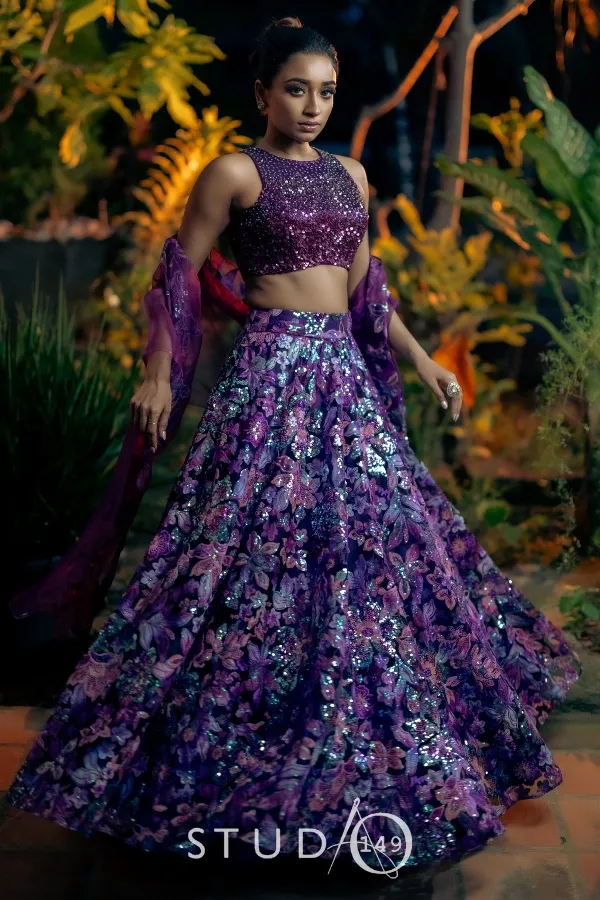 DESIGNER EMBELLISHED CROP TOP AND SKIRT IN PURPLE
