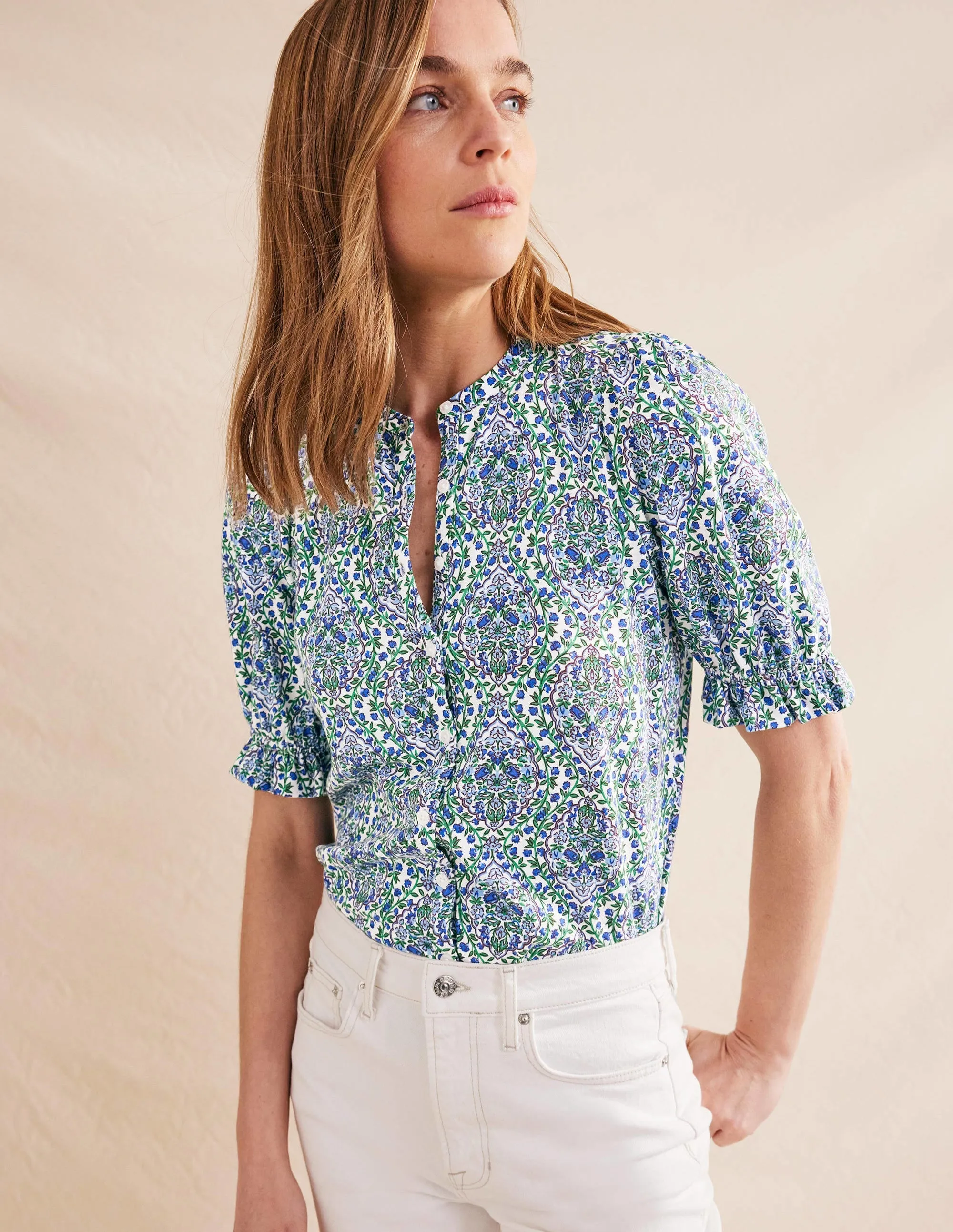 Frilled Short Sleeve Shirt-Linseed and Vine Terrace