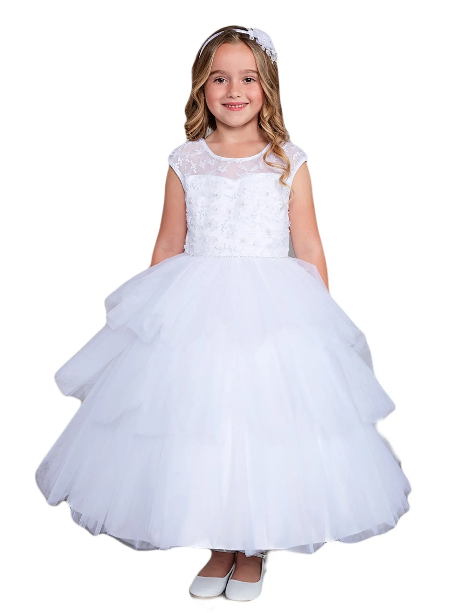 Girls Multi Colors Illusion Neckline Floral Layered Junior Bridesmaid Dress 2-16