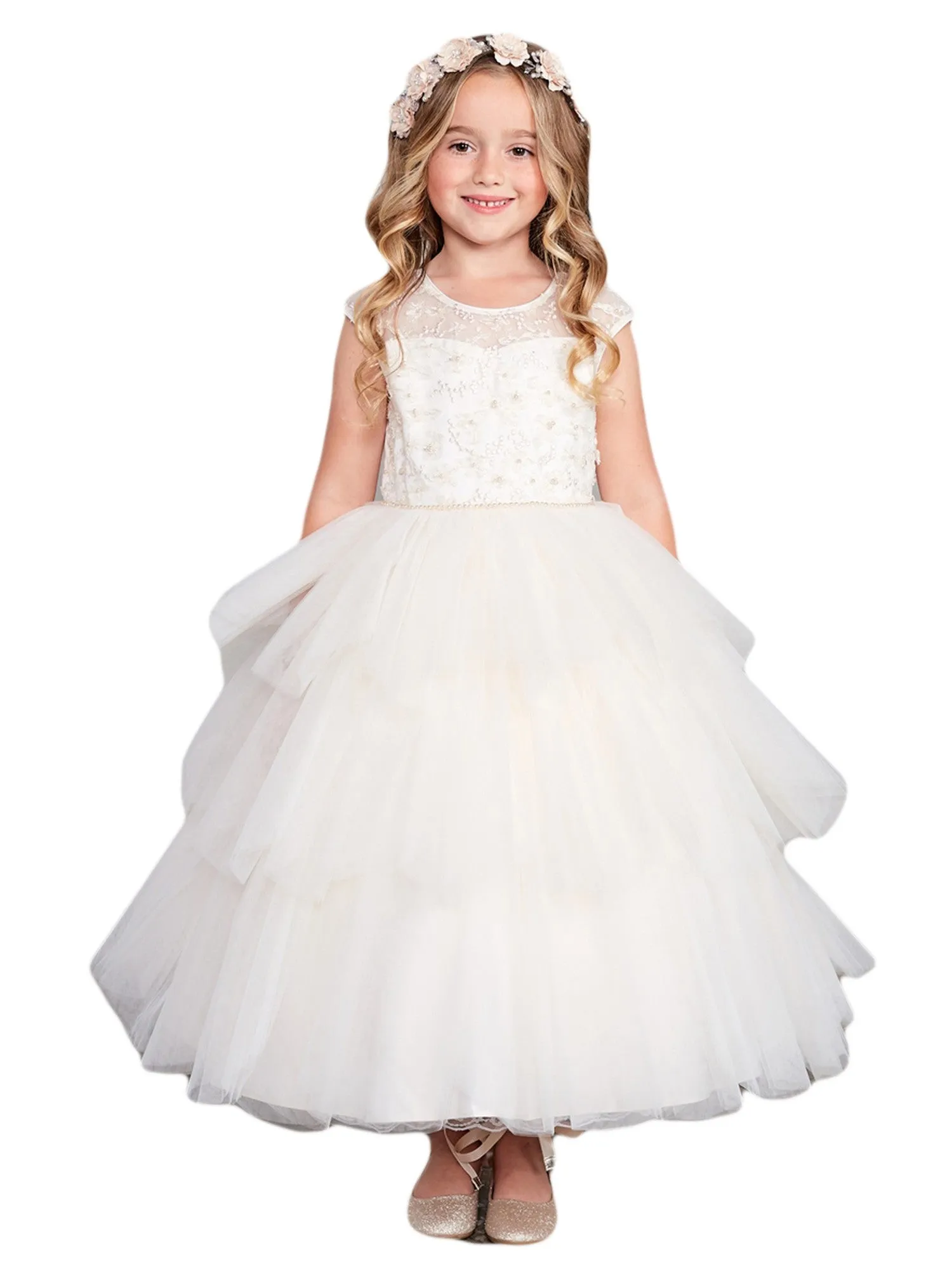 Girls Multi Colors Illusion Neckline Floral Layered Junior Bridesmaid Dress 2-16