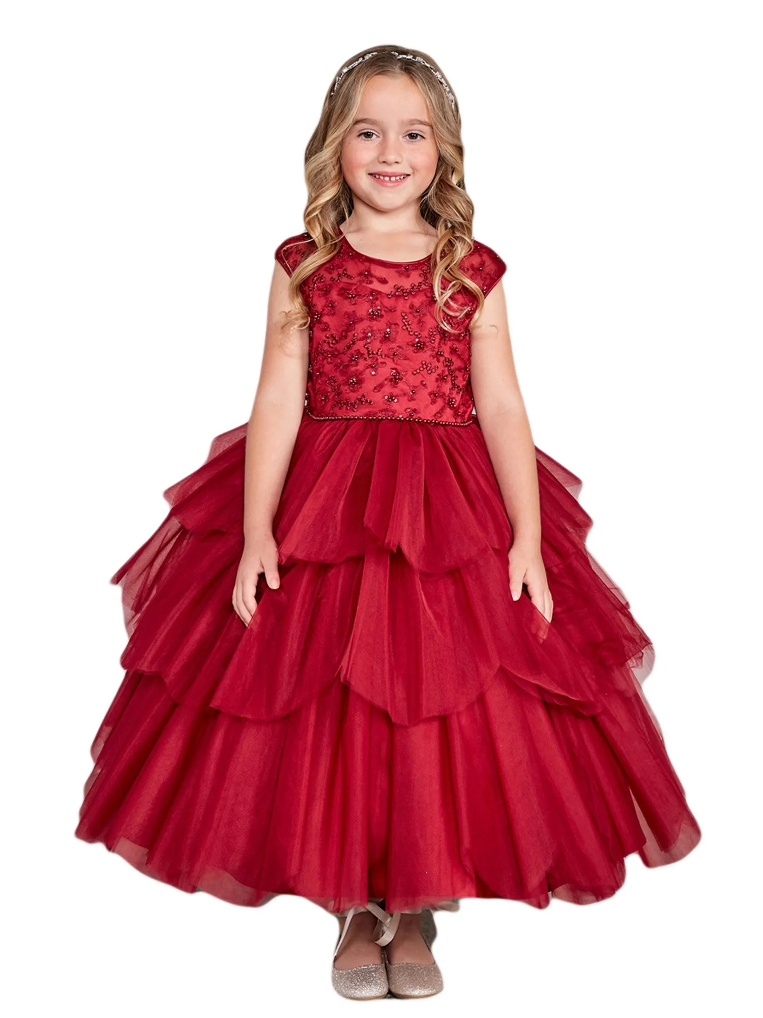 Girls Multi Colors Illusion Neckline Floral Layered Junior Bridesmaid Dress 2-16
