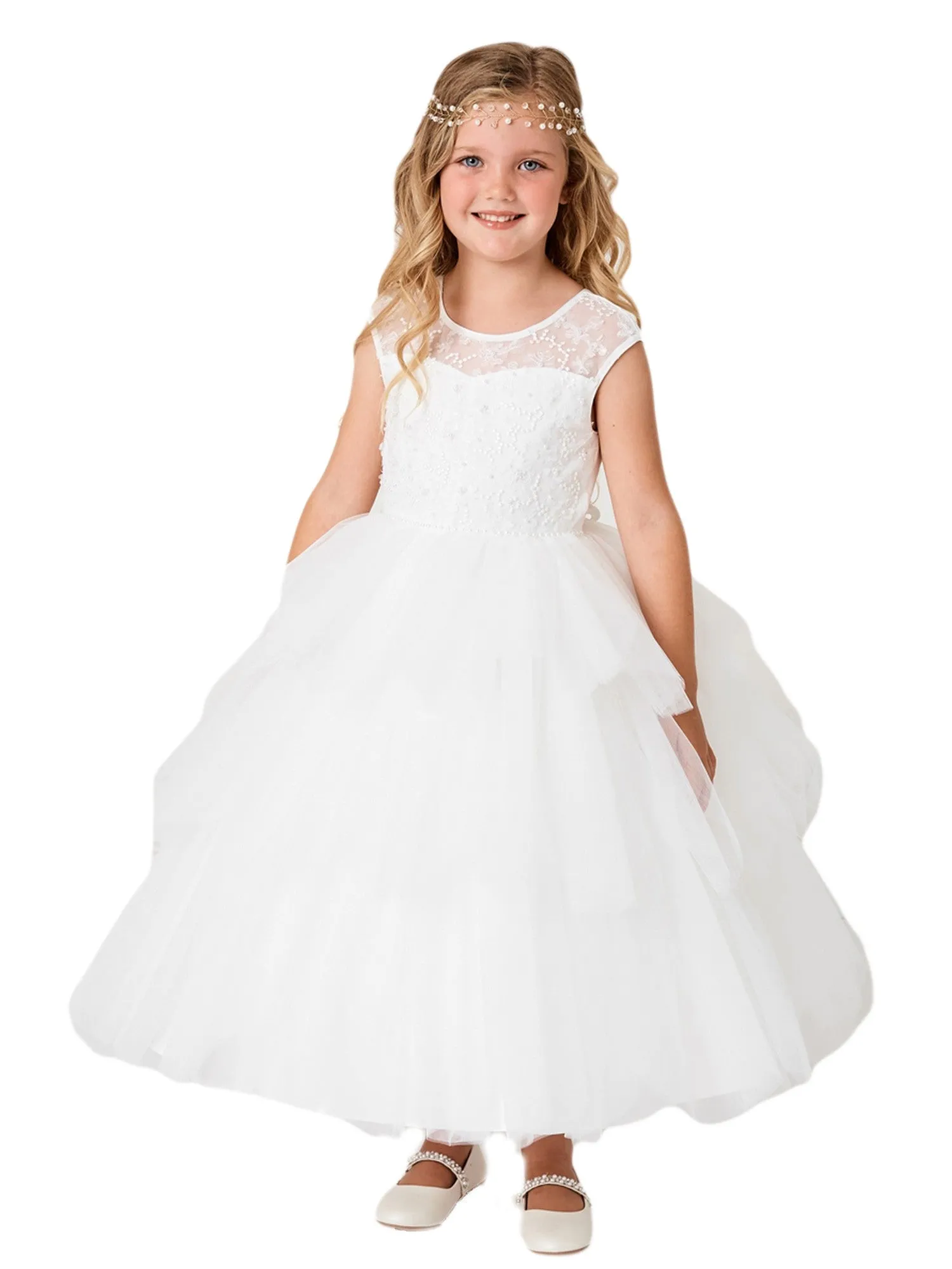 Girls Multi Colors Illusion Neckline Floral Layered Junior Bridesmaid Dress 2-16