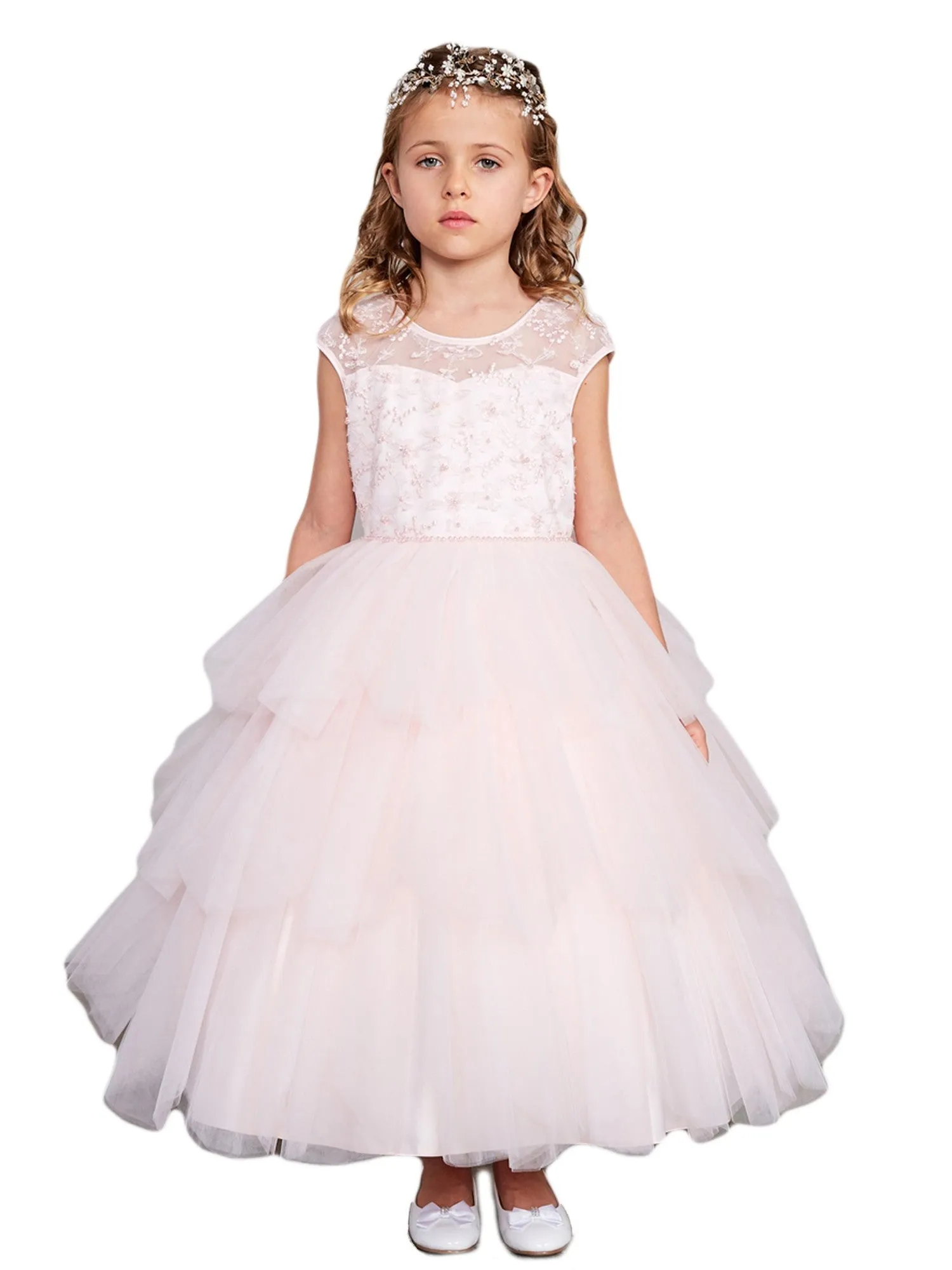 Girls Multi Colors Illusion Neckline Floral Layered Junior Bridesmaid Dress 2-16