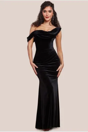 Goddiva Cowl One Shoulder Velvet Maxi Dress - Black