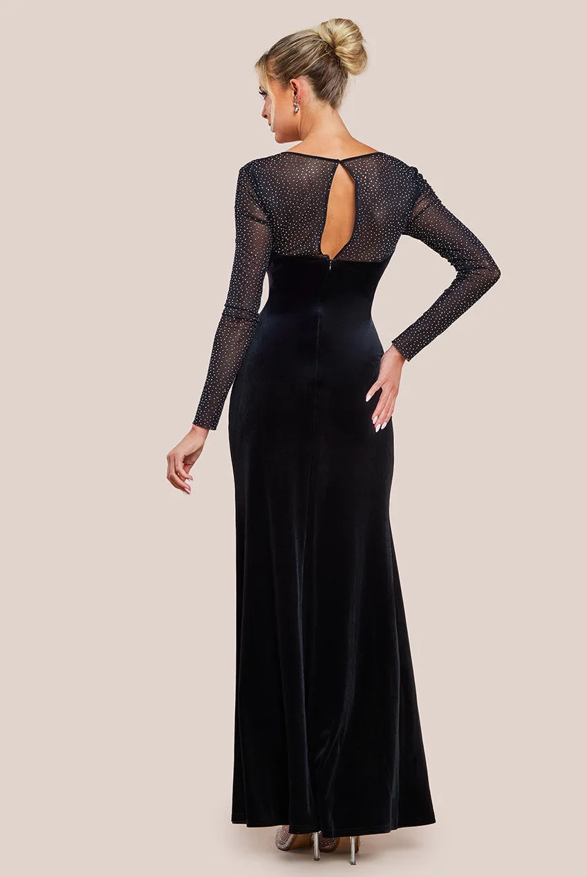 Goddiva Hotfix Diamante Sleeve Front Split Velvet Maxi Dress