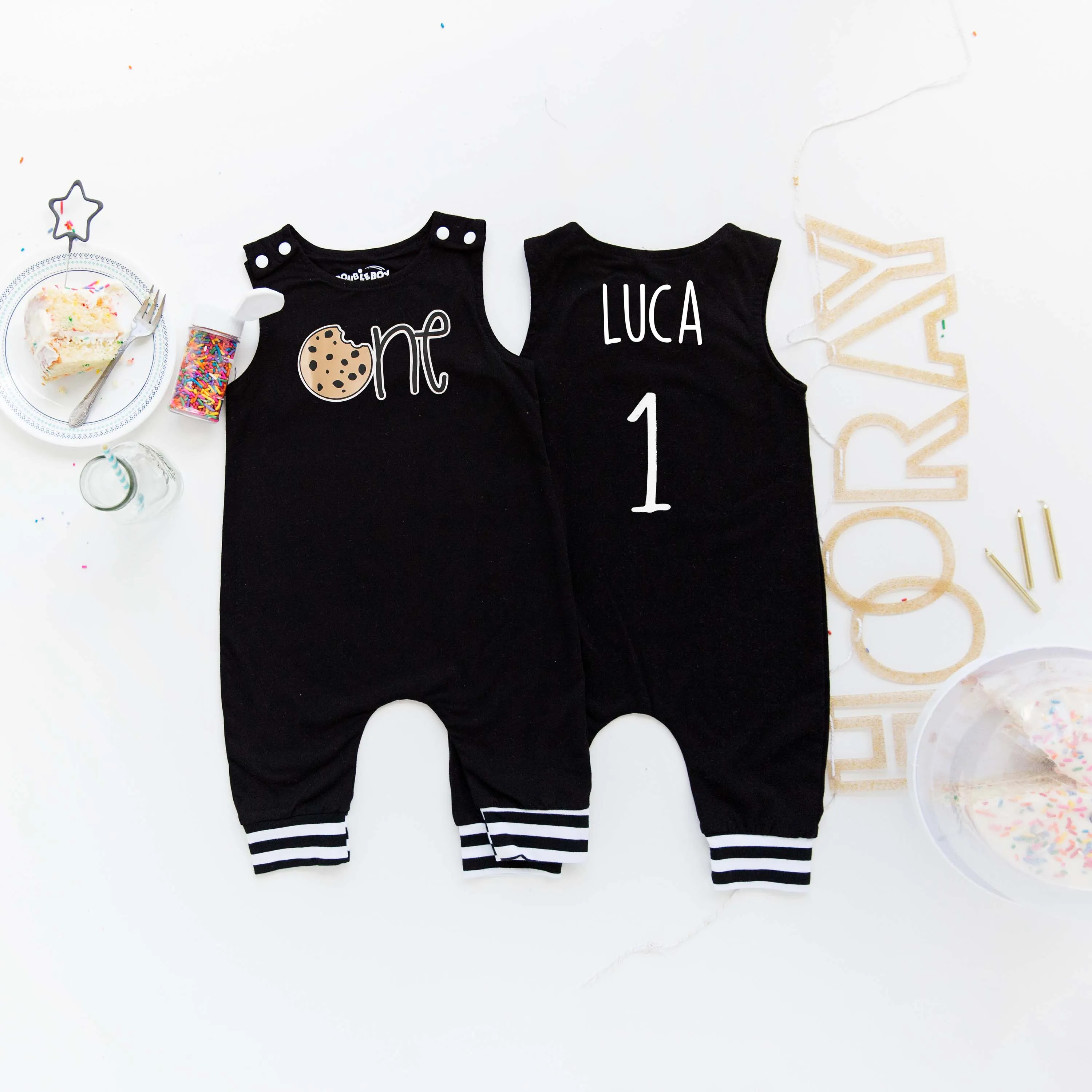 Gray Cookie First Birthday Romper with Striped Cuff
