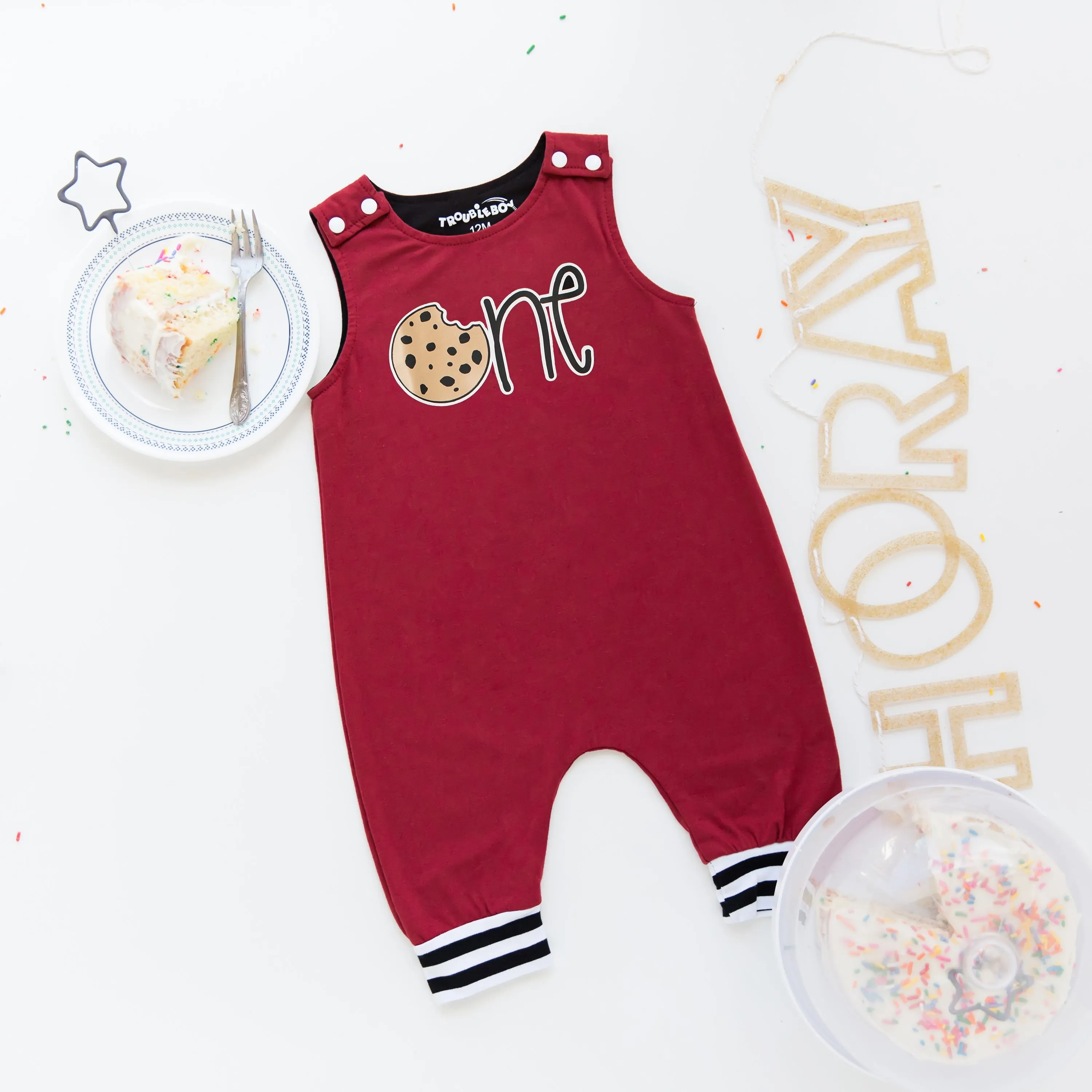 Gray Cookie First Birthday Romper with Striped Cuff
