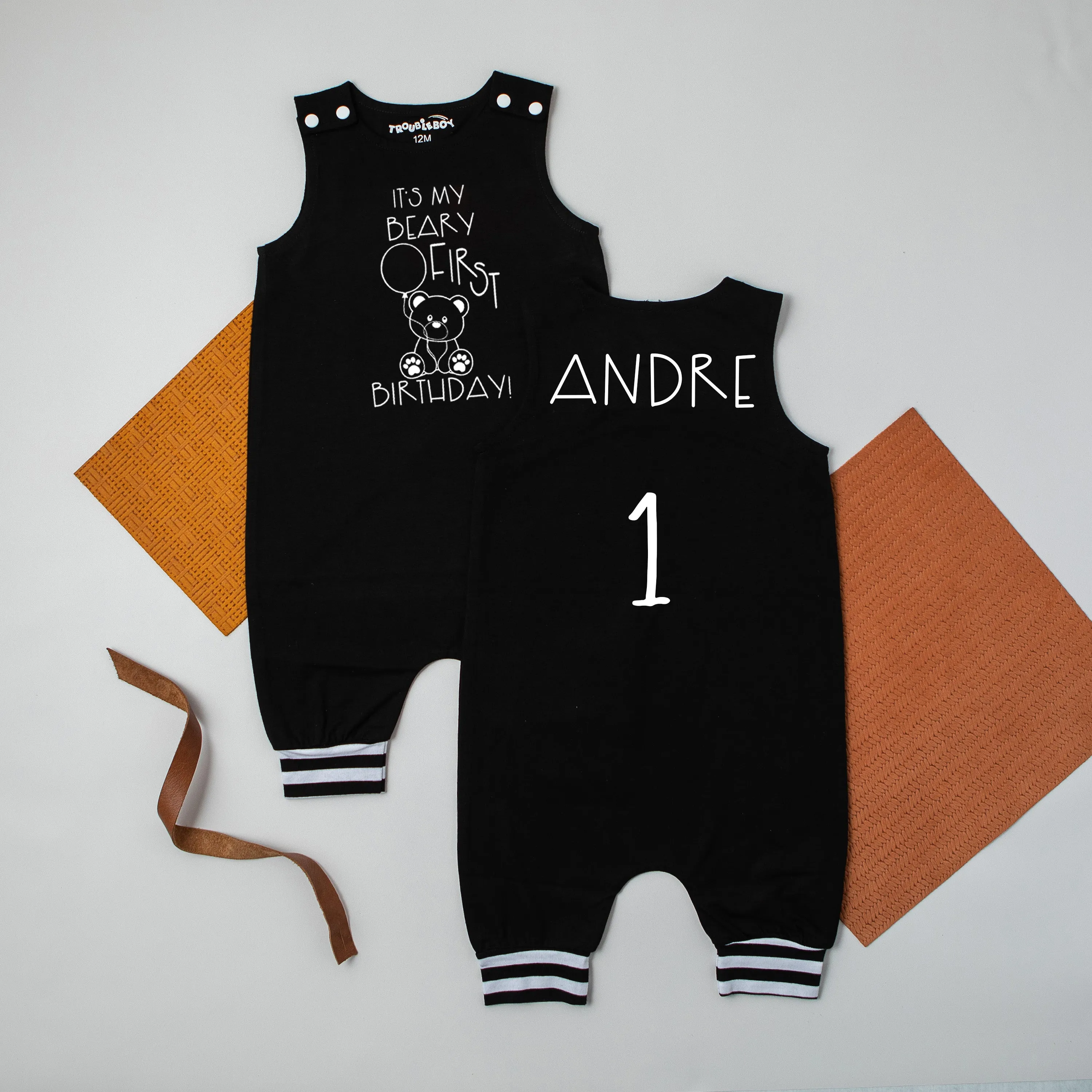 Gray "It's My Beary First Birthday" Birthday Romper with Striped Cuff