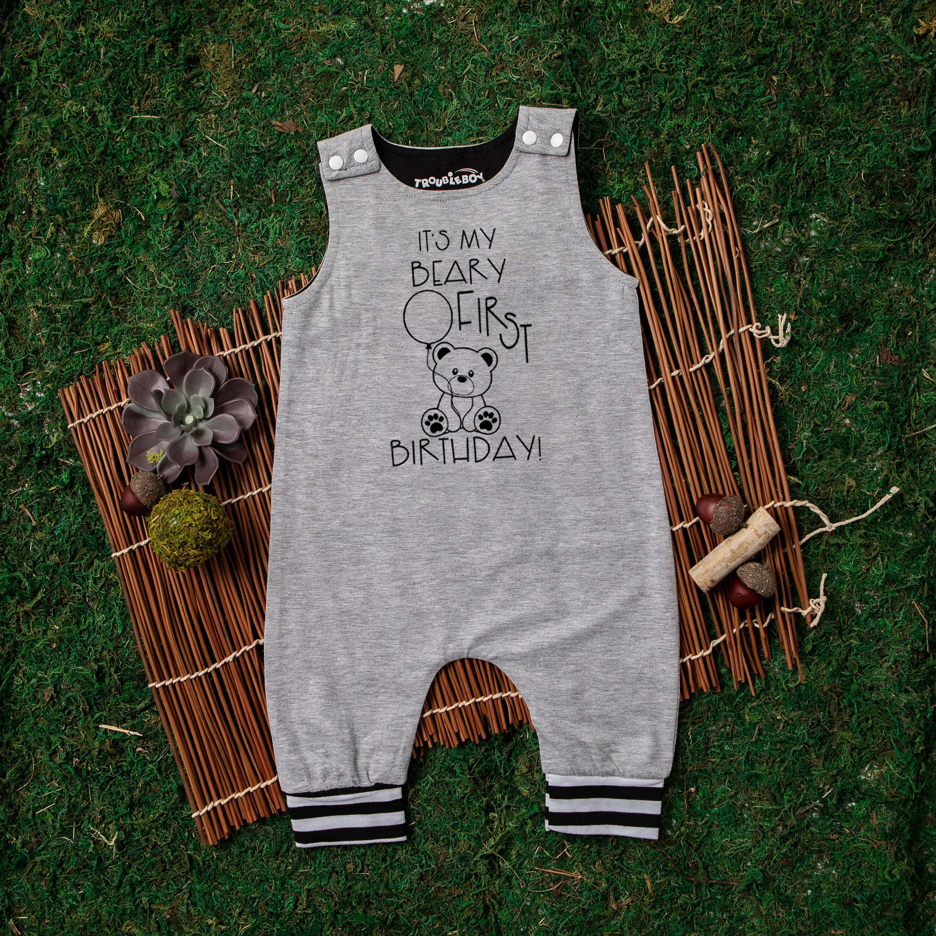 Gray "It's My Beary First Birthday" Birthday Romper with Striped Cuff