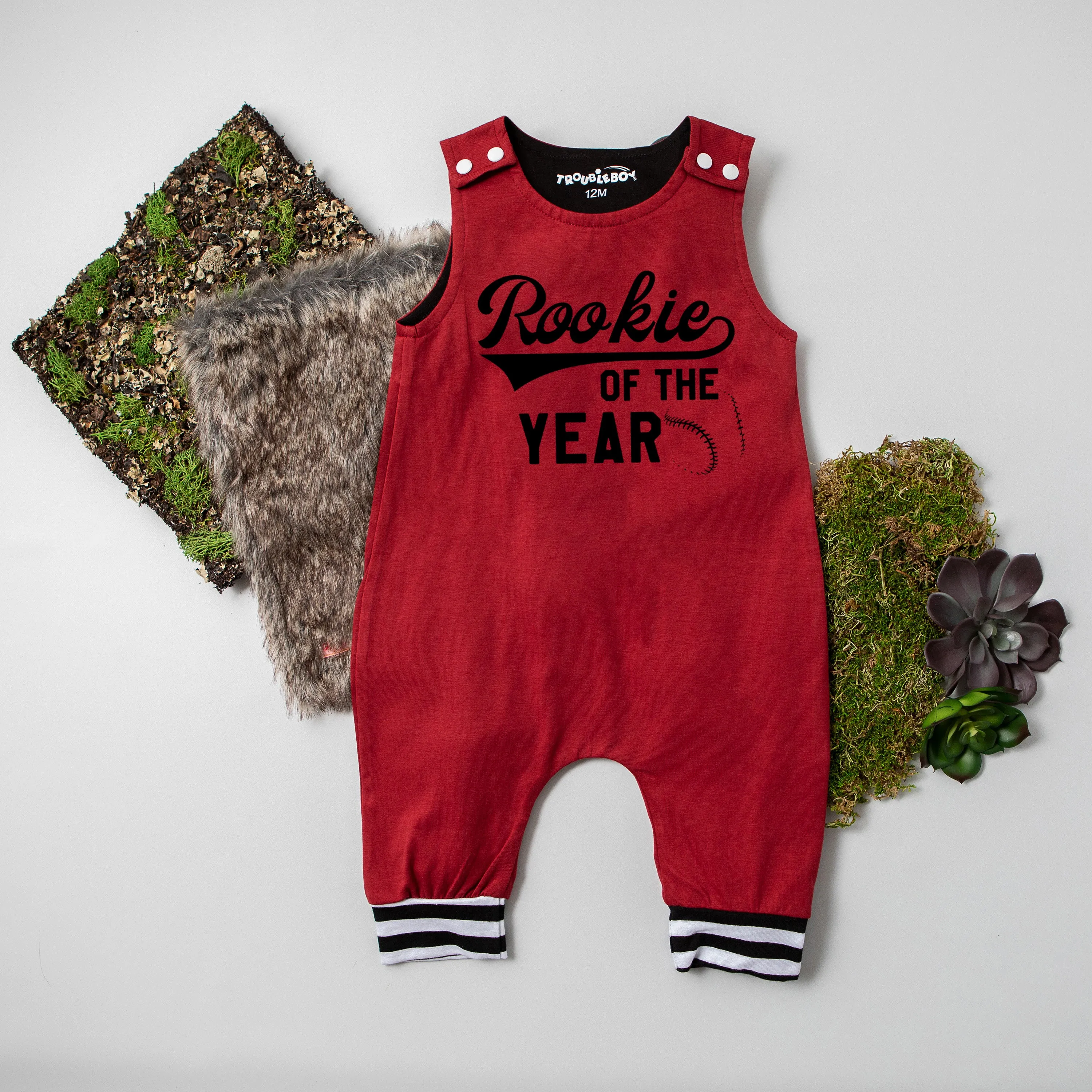 Gray "Rookie of the Year" First Birthday Romper with Striped Cuff