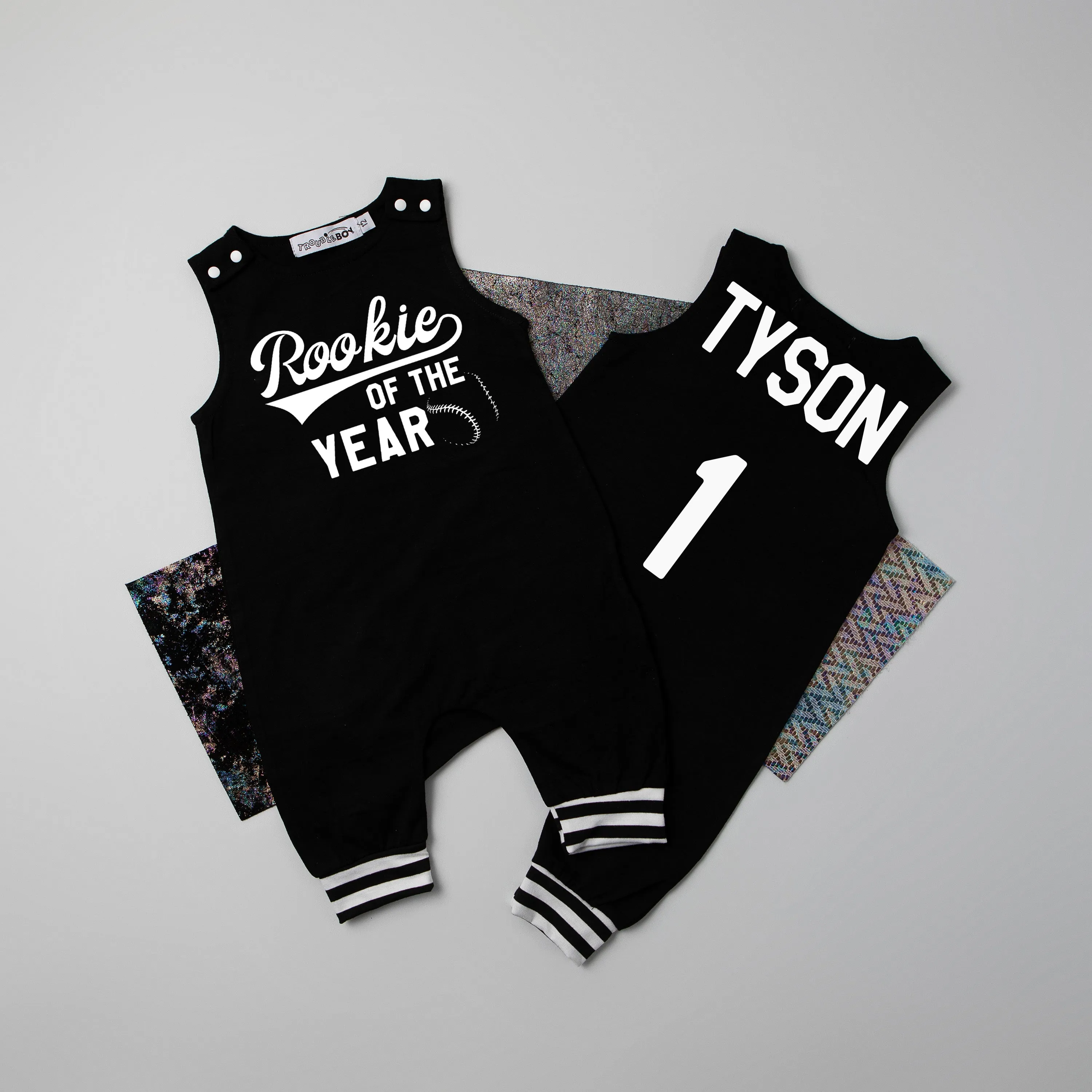 Gray "Rookie of the Year" First Birthday Romper with Striped Cuff