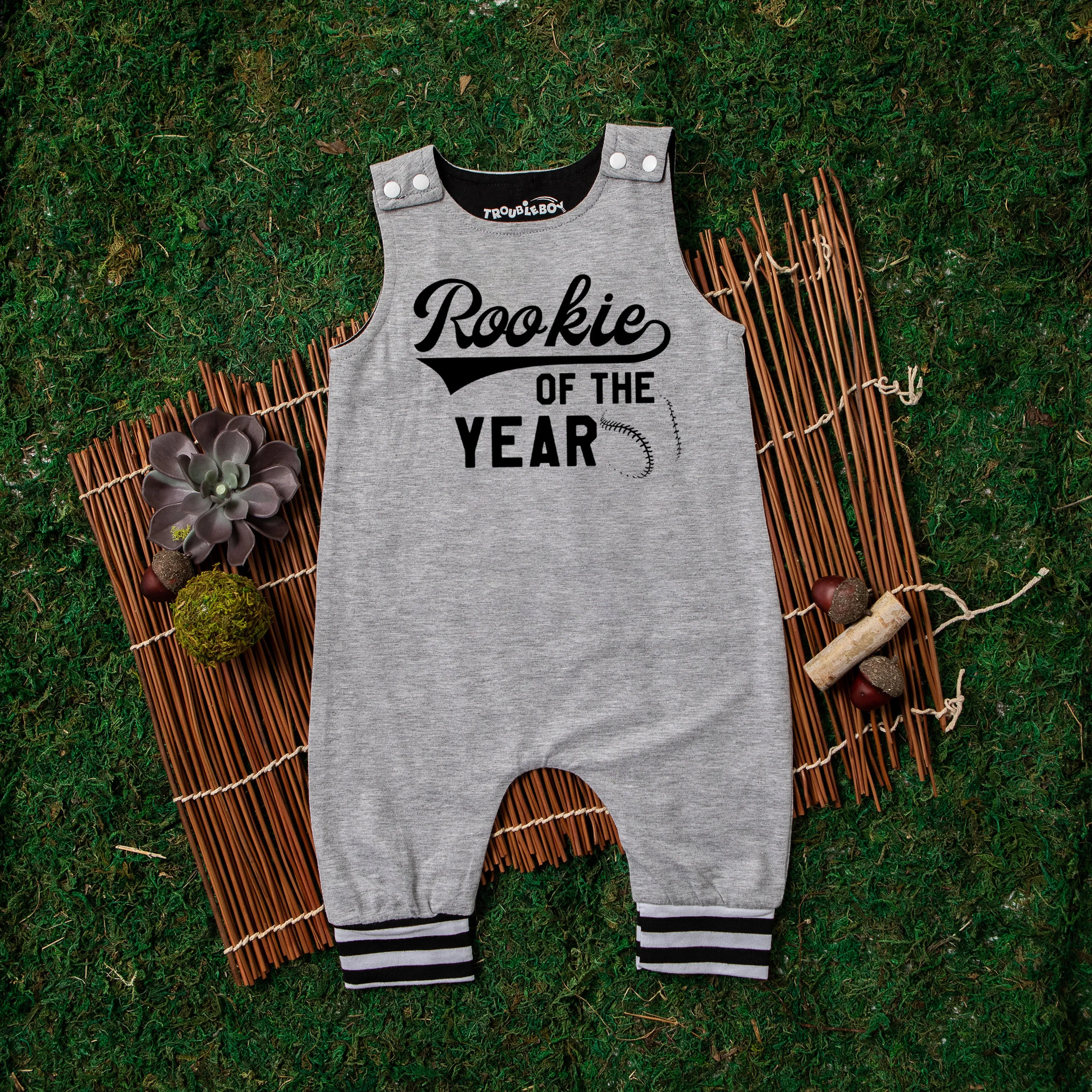 Gray "Rookie of the Year" First Birthday Romper with Striped Cuff