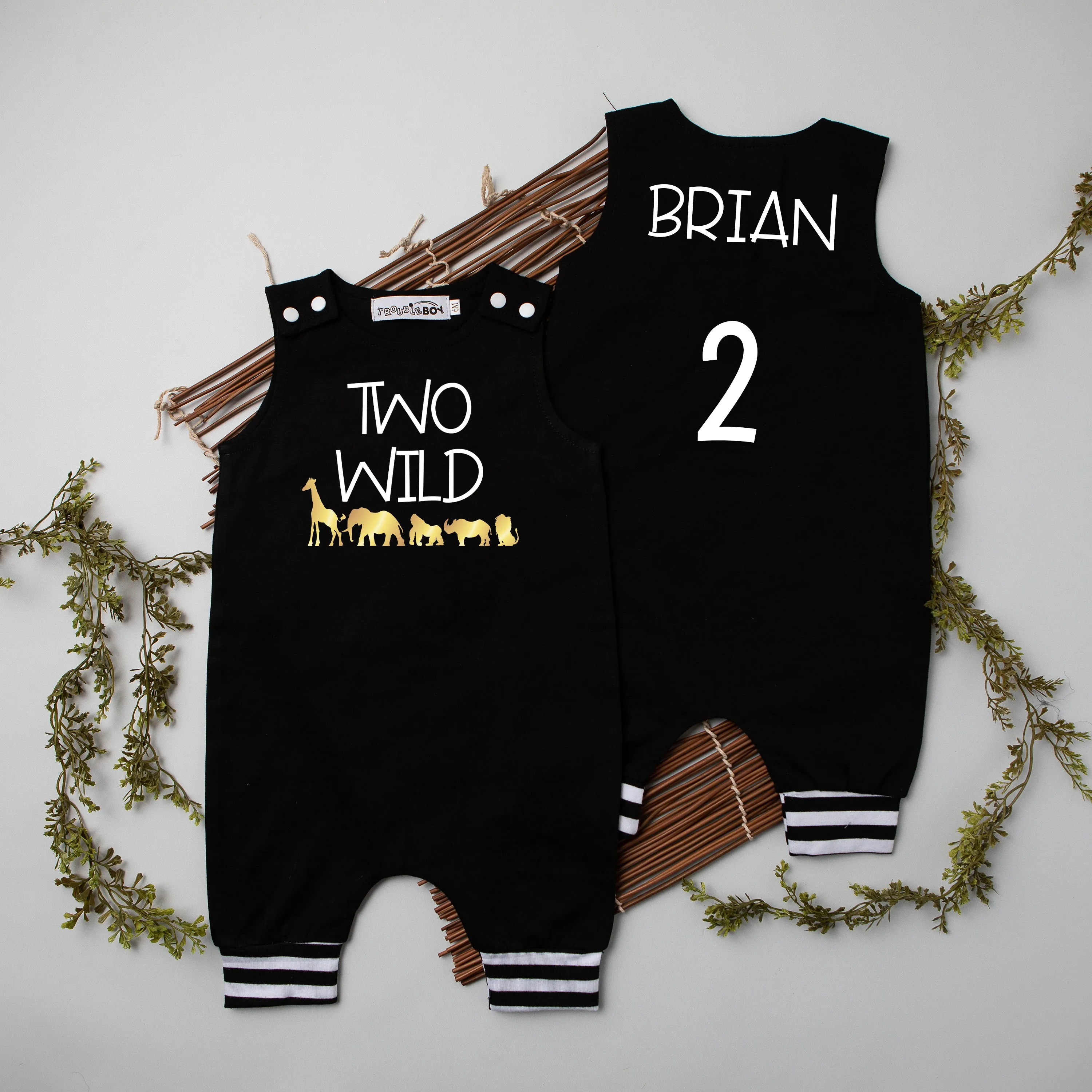 Gray "Two WIld" Jungle Themed Romper with Striped Cuff