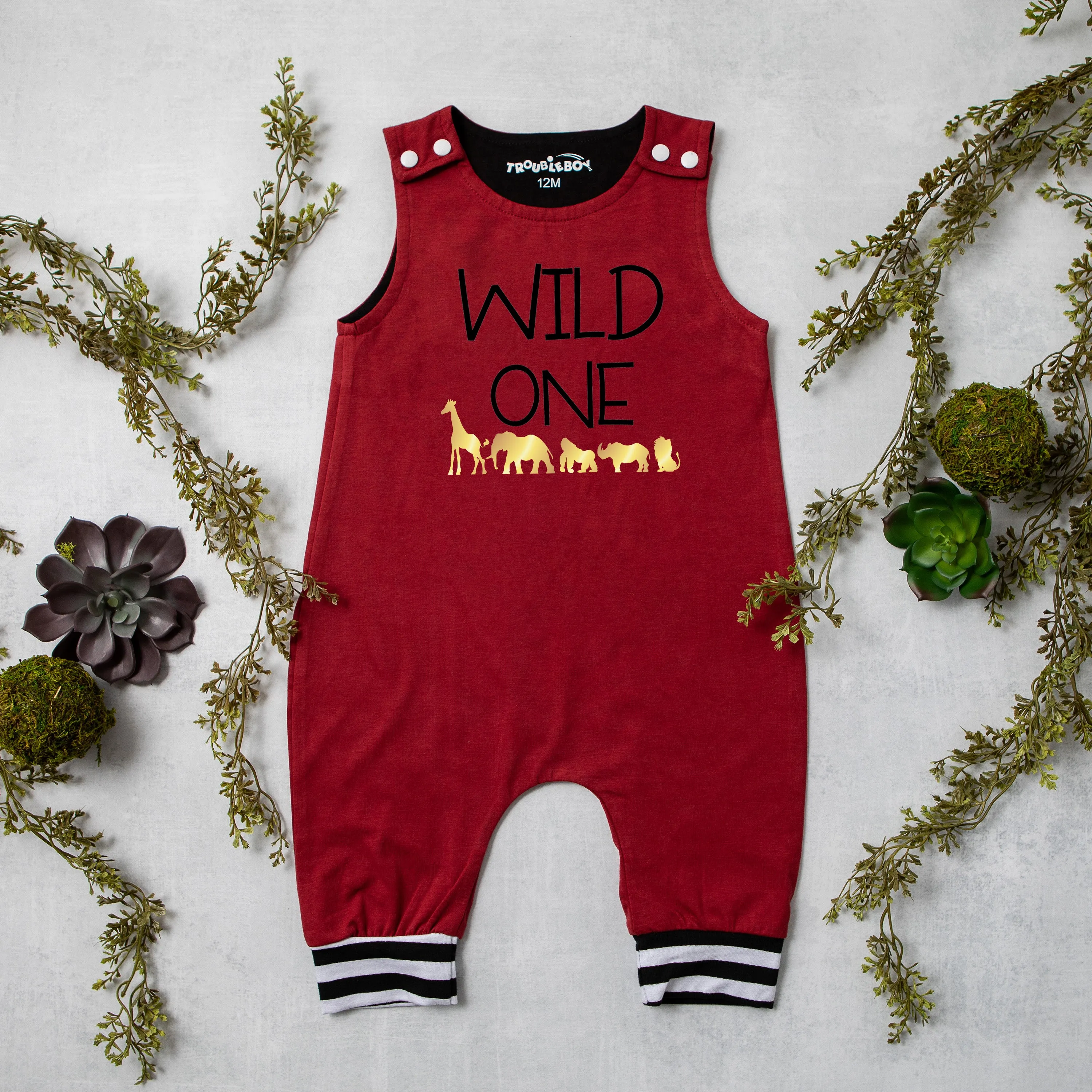 Gray "Wild One" Jungle Themed Romper with Striped Cuff