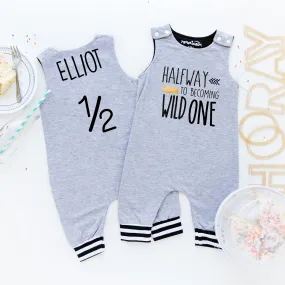 Gray Wild One Half Birthday Romper with Striped Cuff