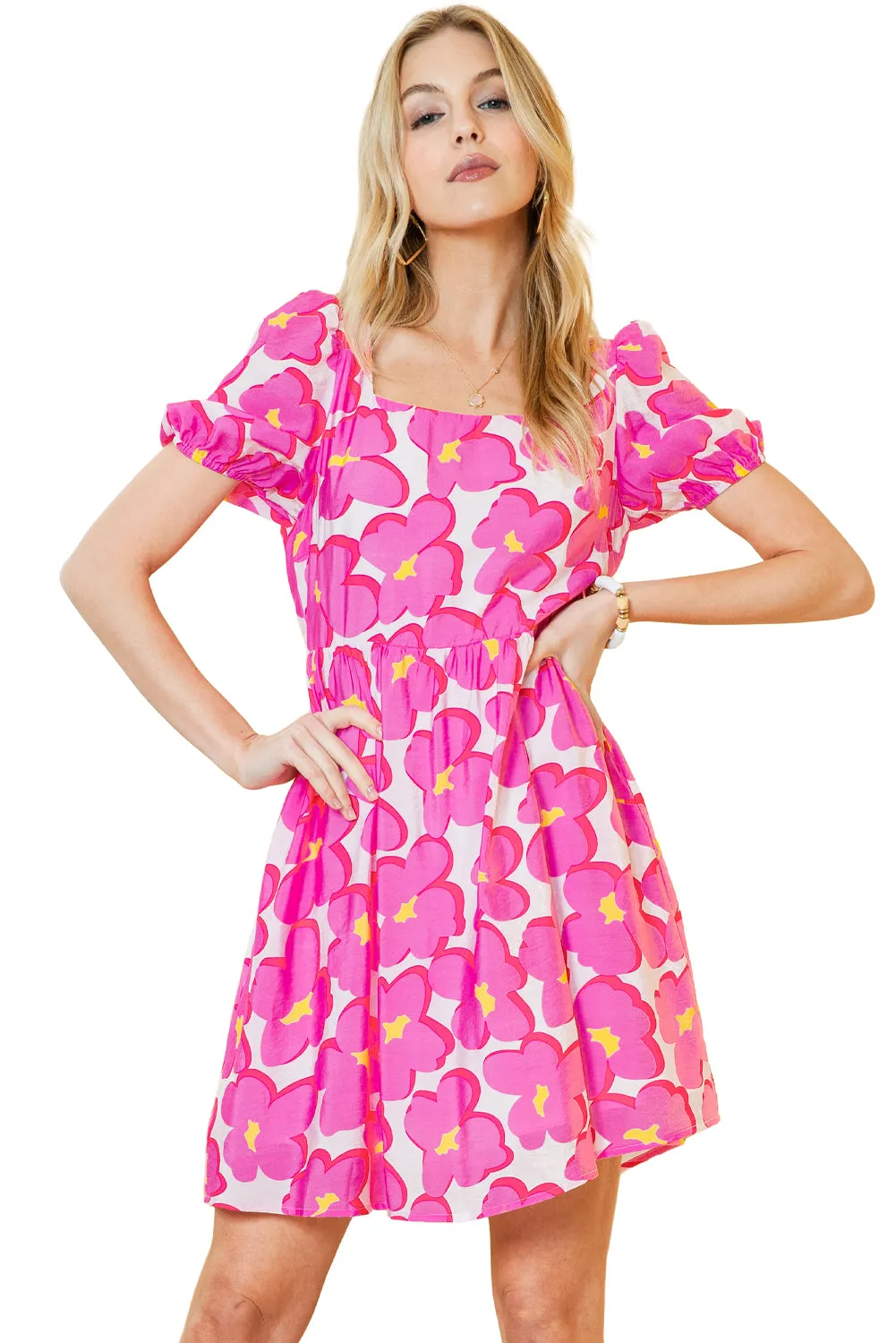 Green Floral Print Puff Sleeve Babydoll Short Dress