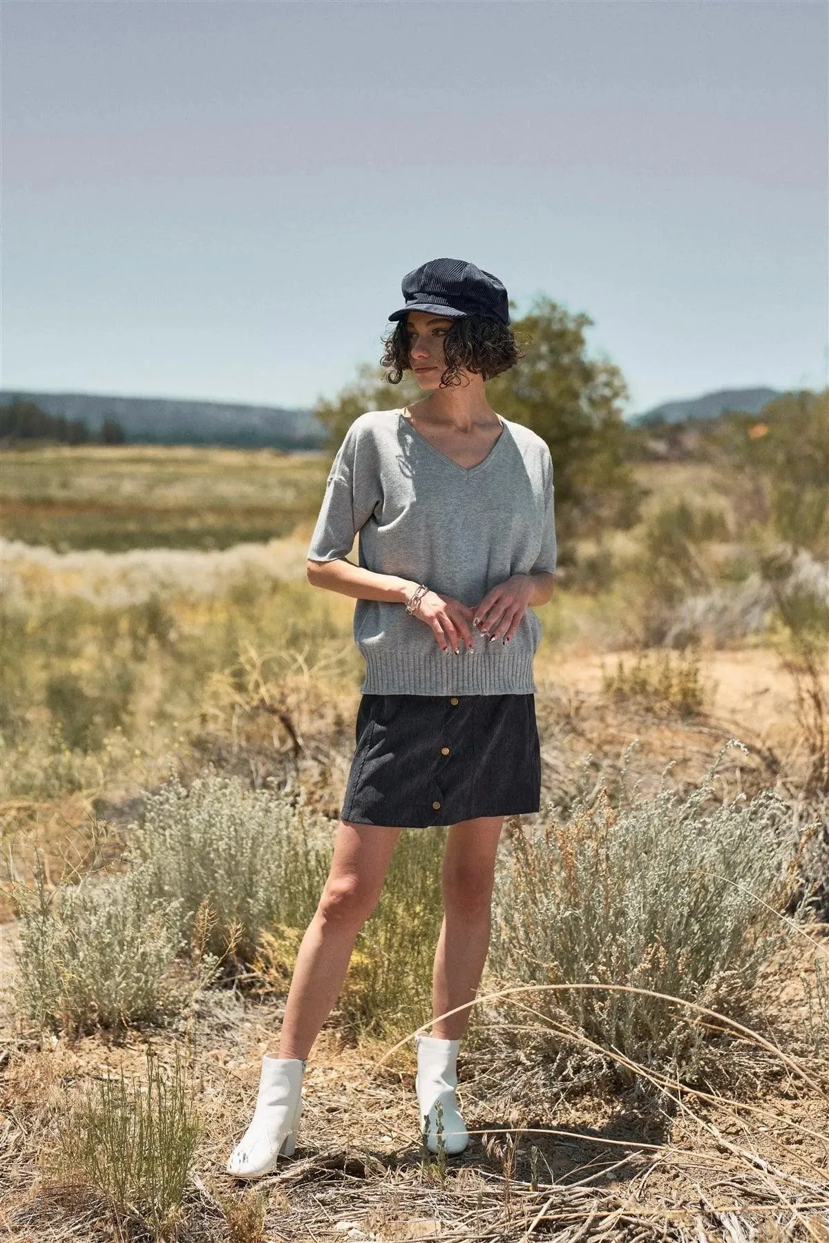 Grey V-Neck Short Sleeve Loose Fit Rib Hem Knit Top /1-2-2-1-1