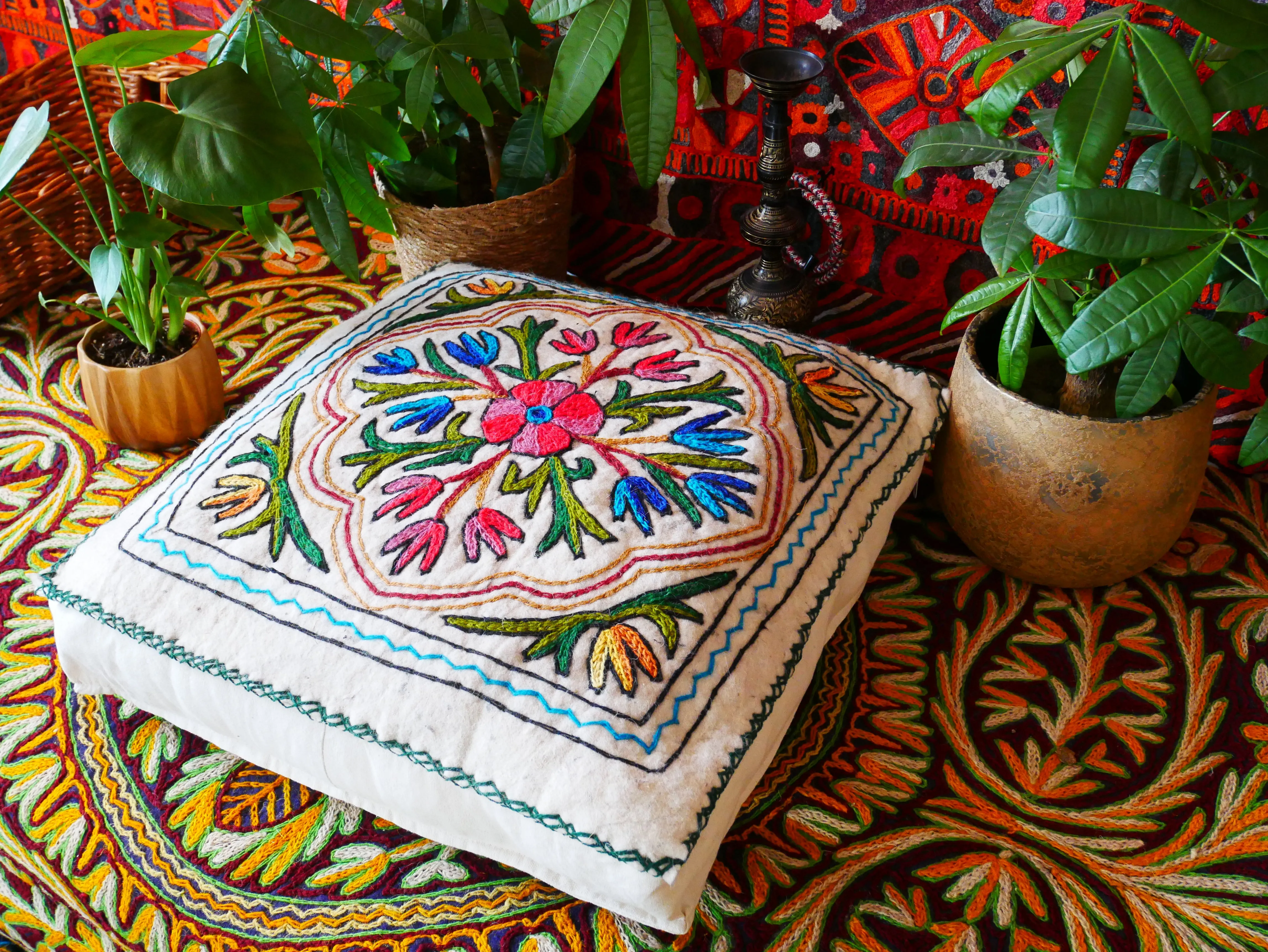 Kashmiri Floor Pillow  Hand Felted Meditation Cushion Cover | Embroidered Floor Pouf | Square Floor Pillow for Bohemian Floor Seating