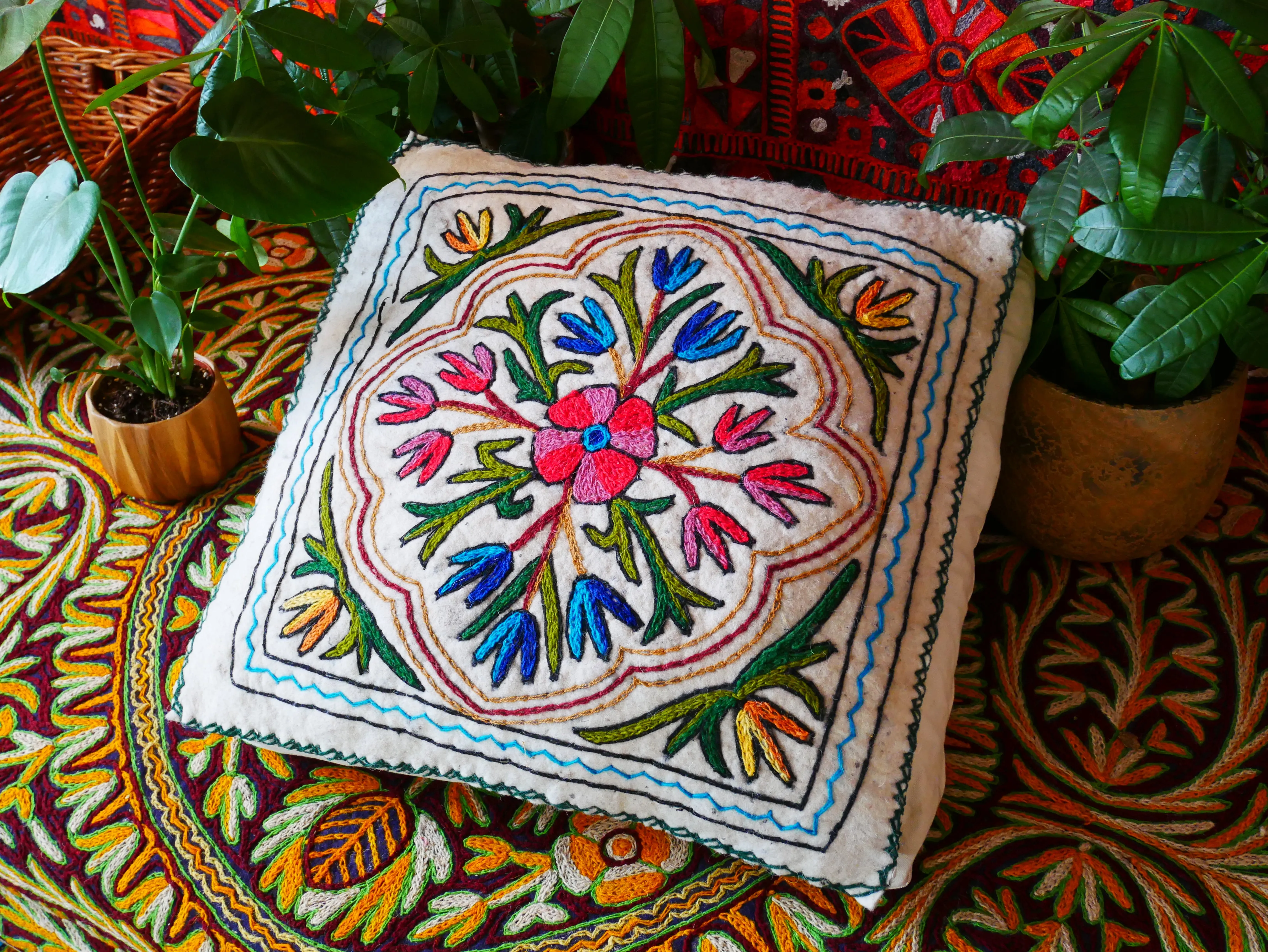 Kashmiri Floor Pillow  Hand Felted Meditation Cushion Cover | Embroidered Floor Pouf | Square Floor Pillow for Bohemian Floor Seating