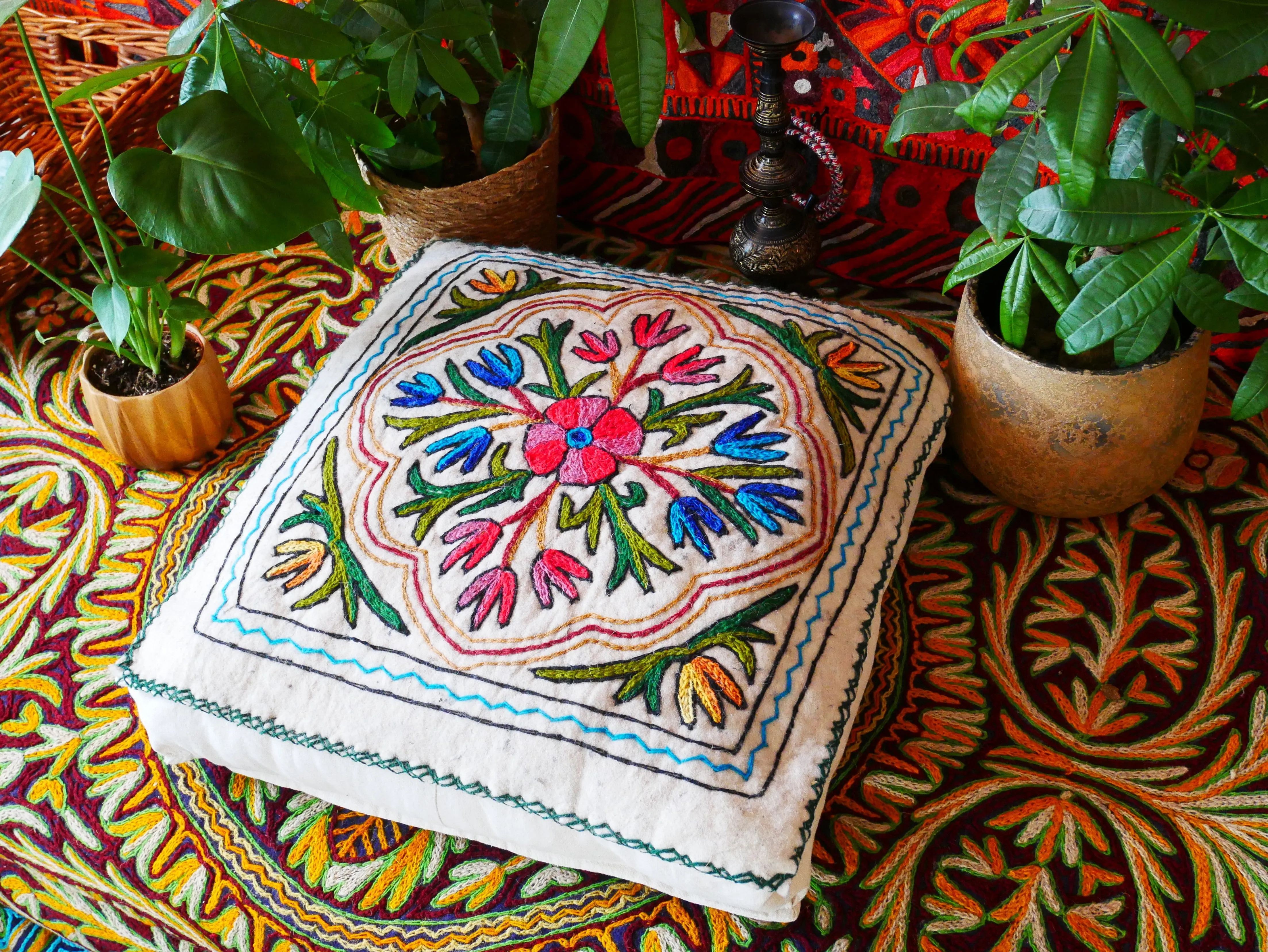 Kashmiri Floor Pillow  Hand Felted Meditation Cushion Cover | Embroidered Floor Pouf | Square Floor Pillow for Bohemian Floor Seating