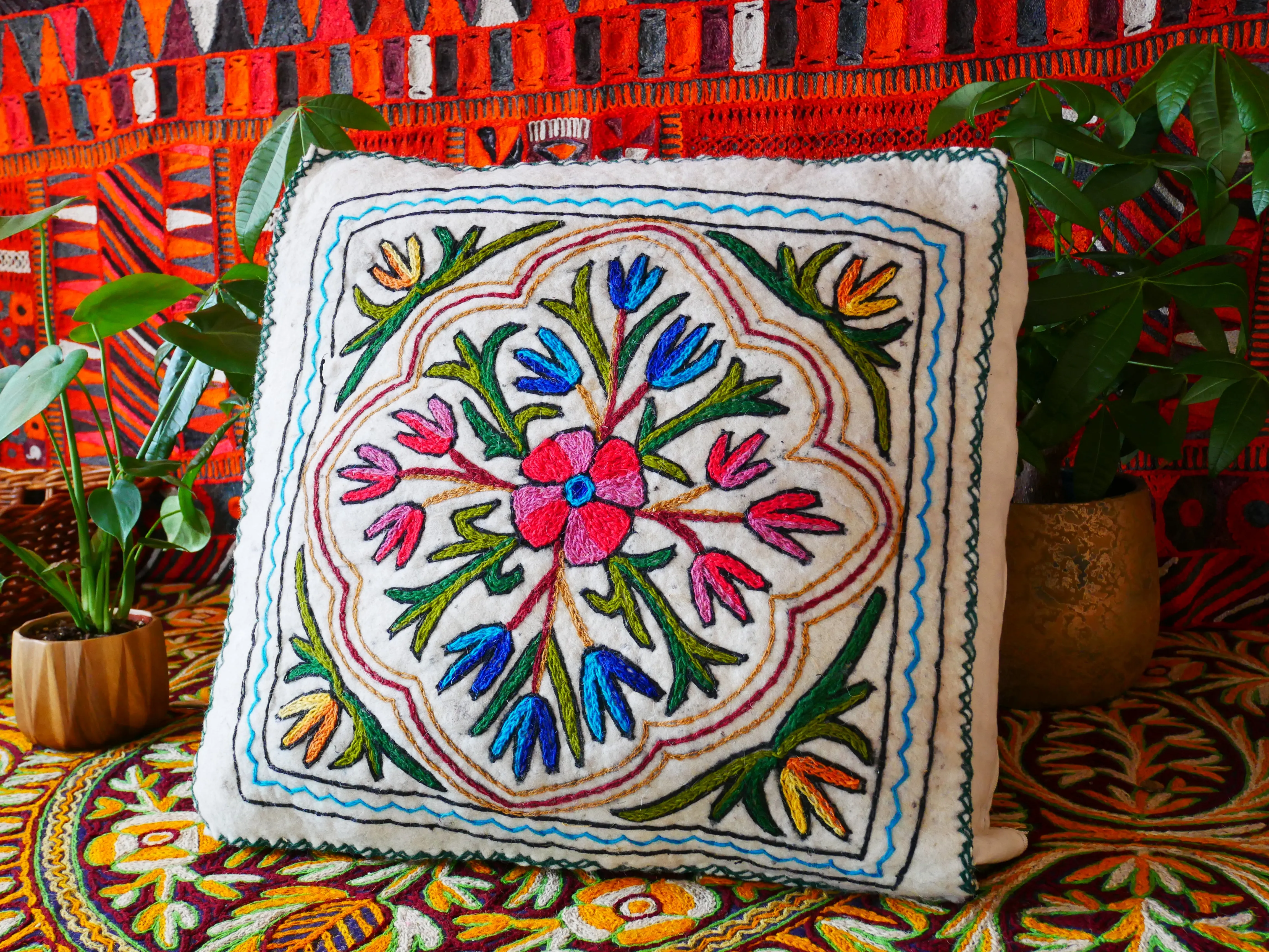 Kashmiri Floor Pillow  Hand Felted Meditation Cushion Cover | Embroidered Floor Pouf | Square Floor Pillow for Bohemian Floor Seating