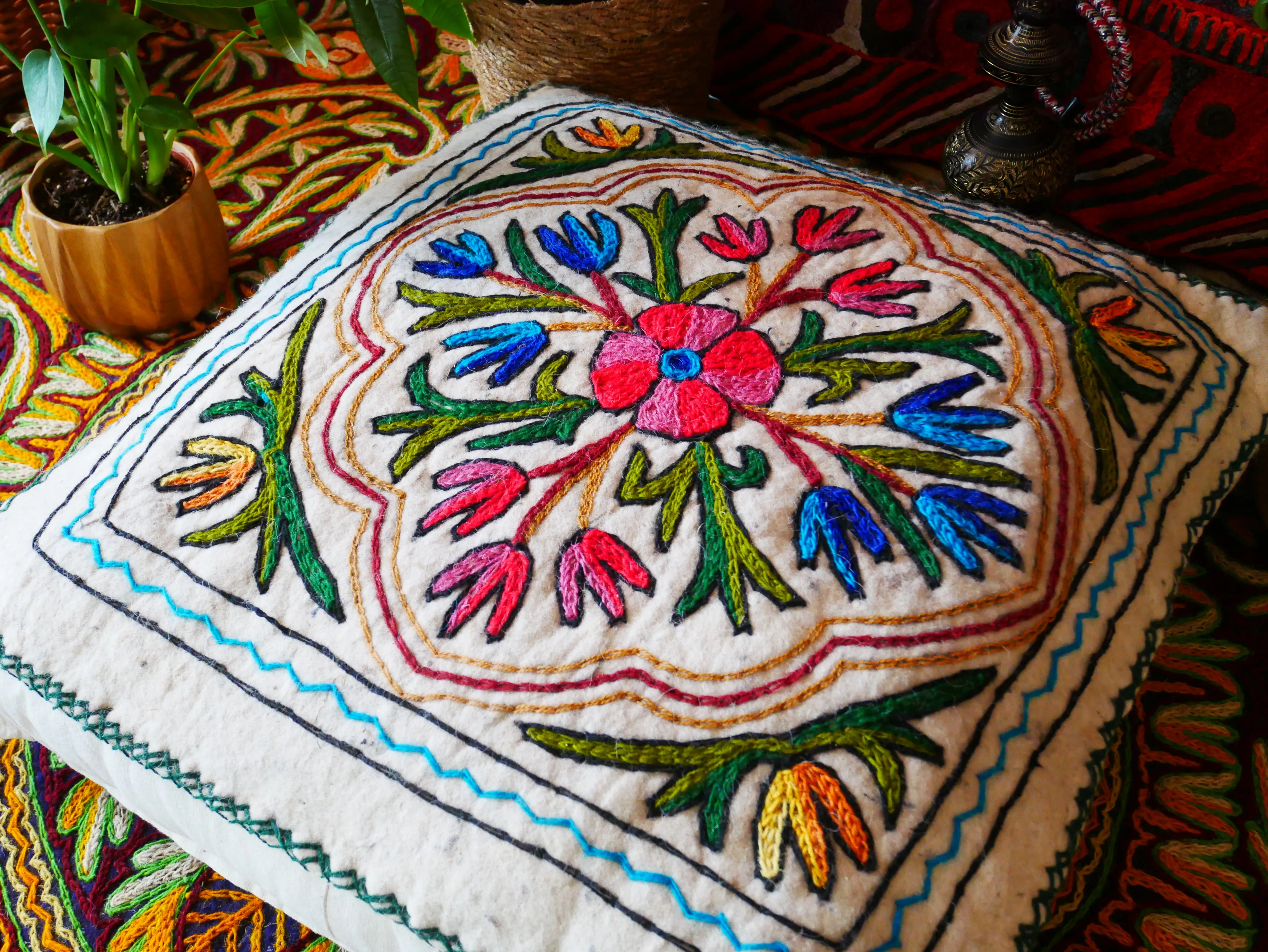 Kashmiri Floor Pillow  Hand Felted Meditation Cushion Cover | Embroidered Floor Pouf | Square Floor Pillow for Bohemian Floor Seating