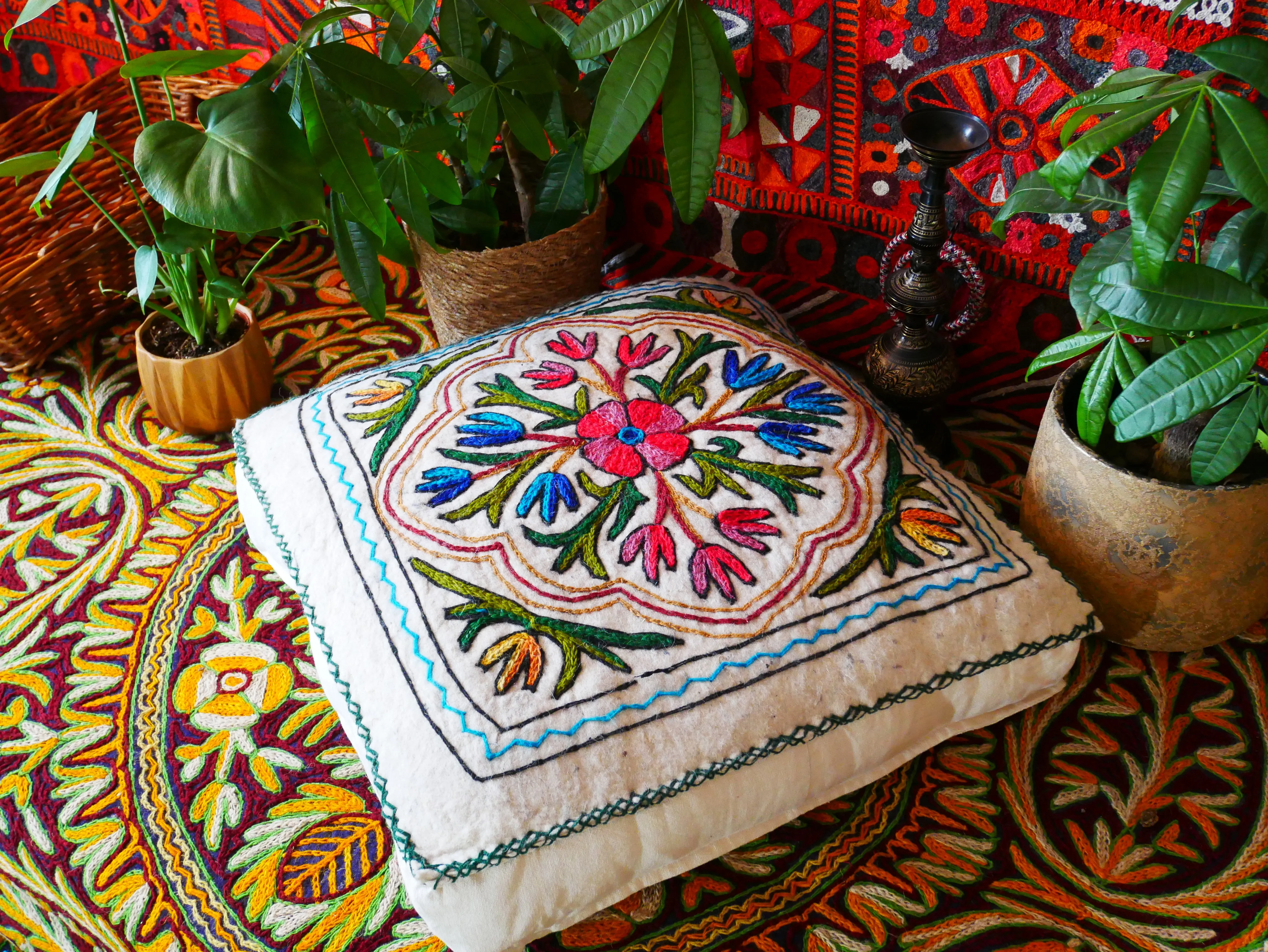 Kashmiri Floor Pillow  Hand Felted Meditation Cushion Cover | Embroidered Floor Pouf | Square Floor Pillow for Bohemian Floor Seating
