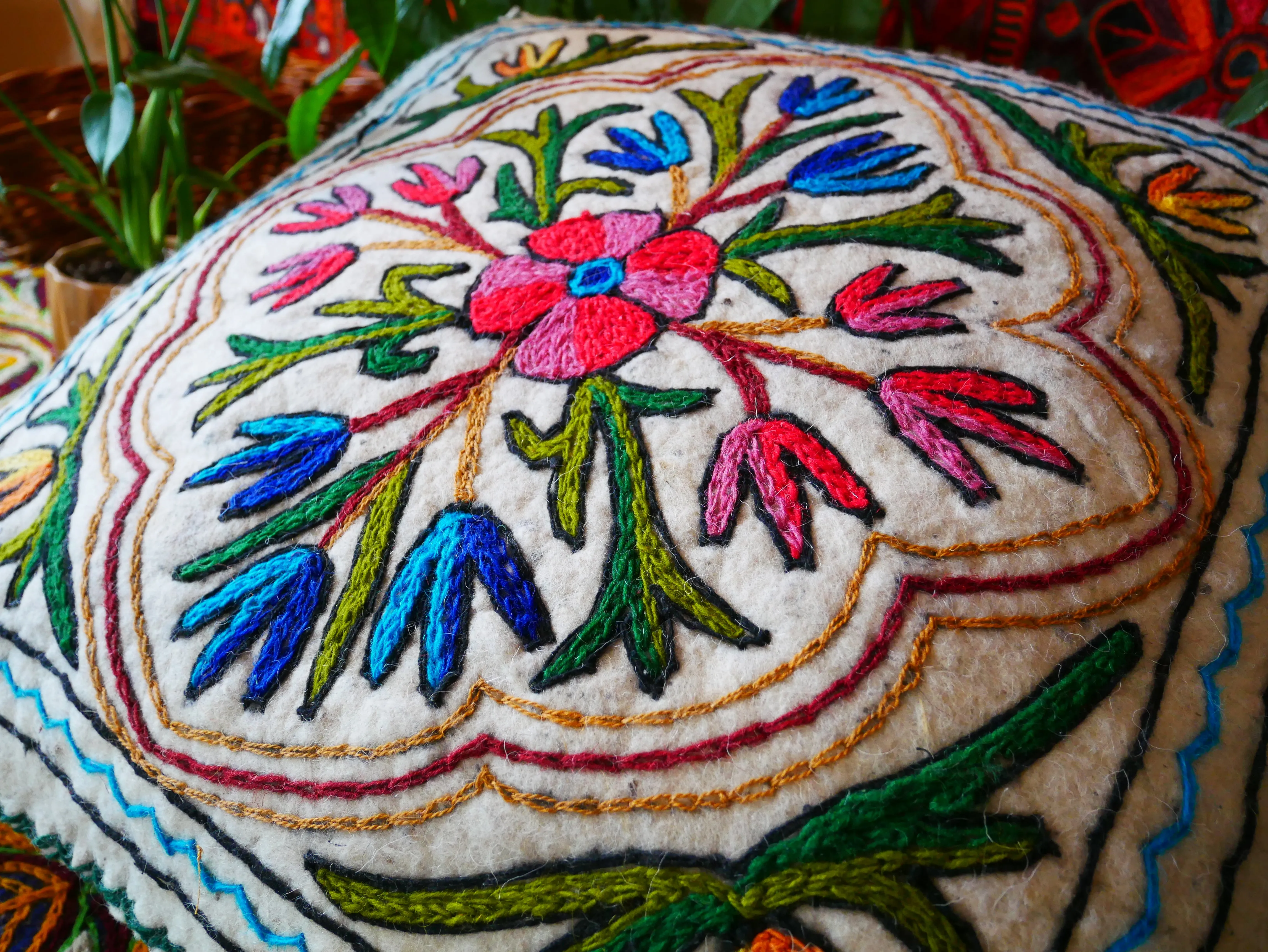 Kashmiri Floor Pillow  Hand Felted Meditation Cushion Cover | Embroidered Floor Pouf | Square Floor Pillow for Bohemian Floor Seating