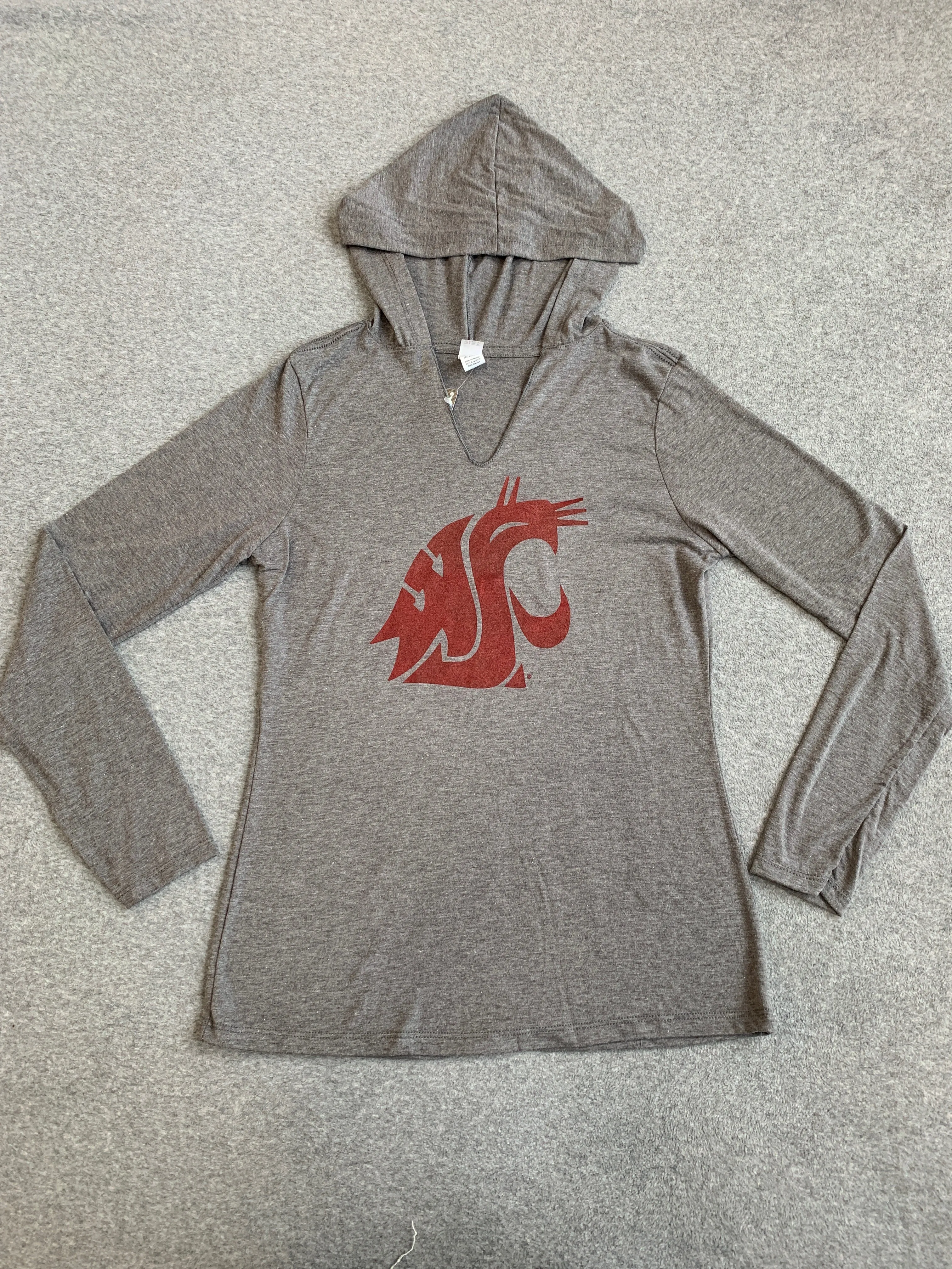 Ladies WSU Grey Long Sleeve V-Neck Hooded tee