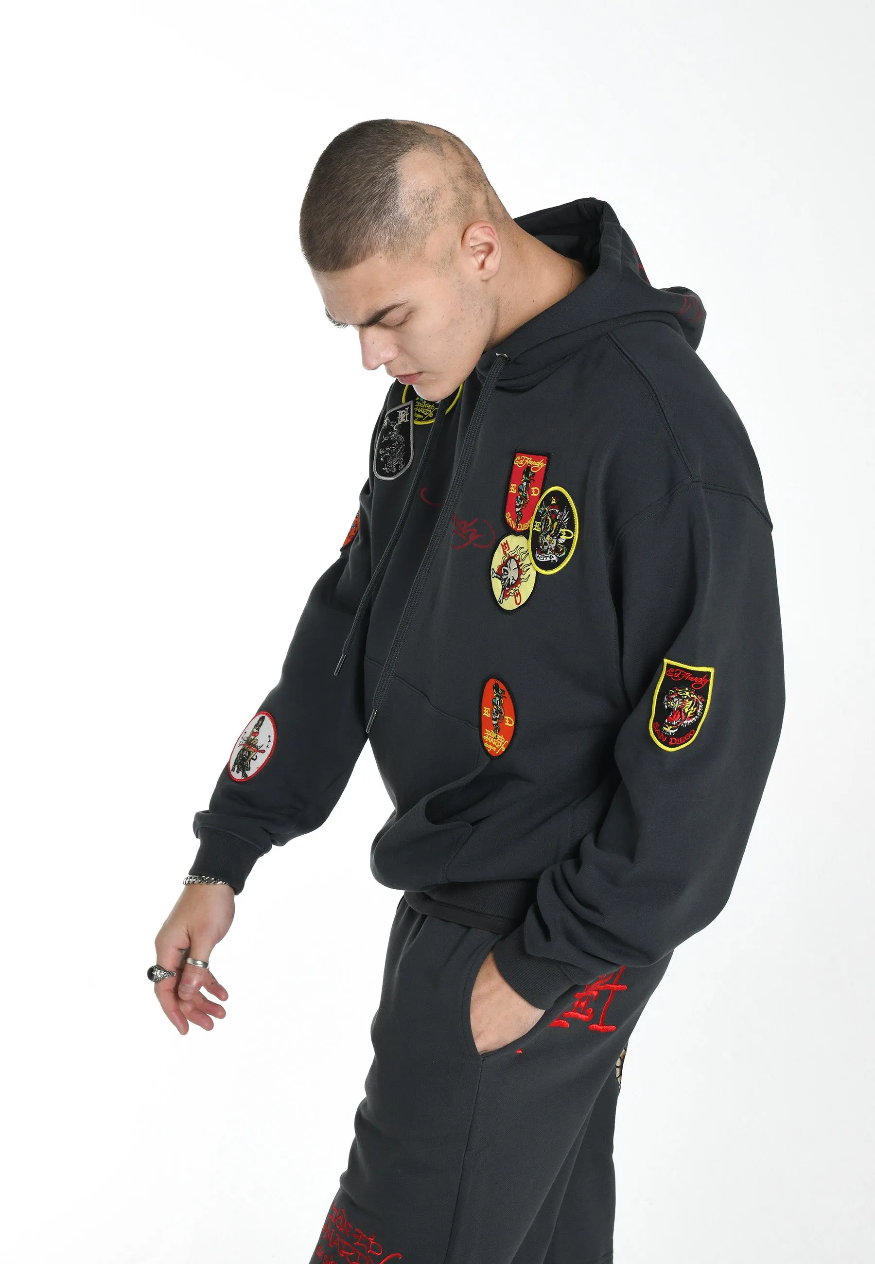 Mens Tiger-Tatt-Patch Graphic Hoodie - Black
