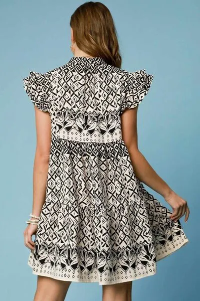 Mixed Print Ruffled Button-Front Mini Dress – Boho Tiered Babydoll Dress