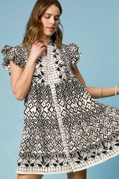 Mixed Print Ruffled Button-Front Mini Dress – Boho Tiered Babydoll Dress