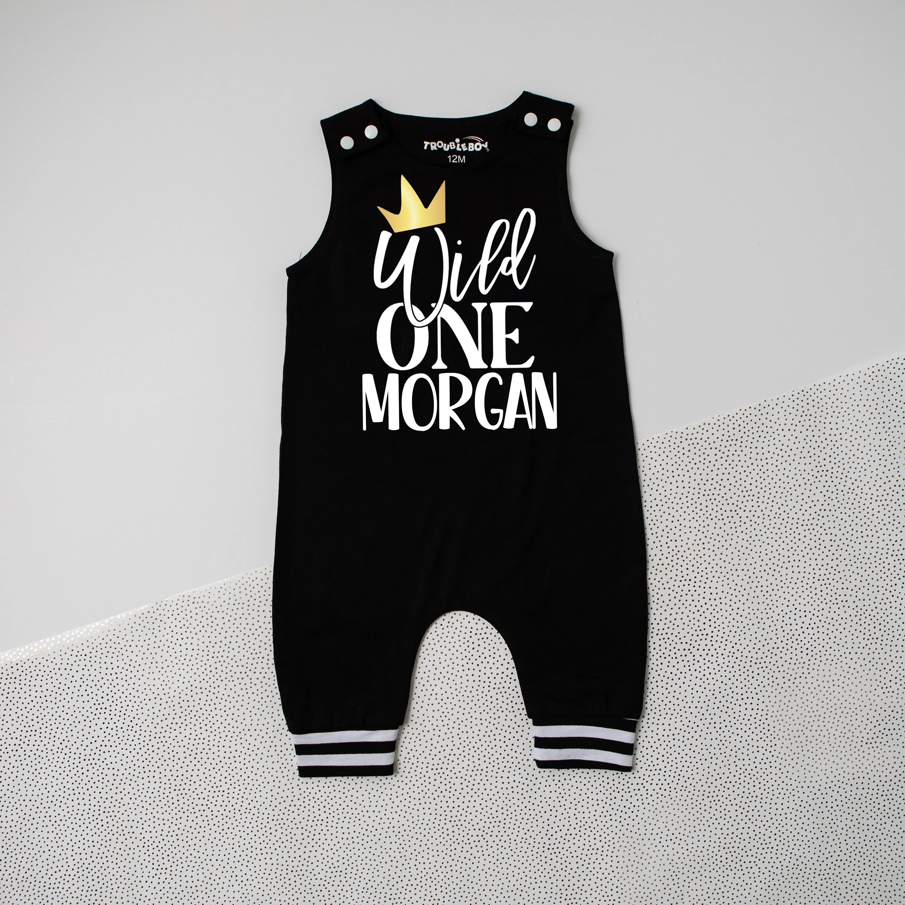 New Gray "Wild One" First Birthday Romper with Striped Cuff
