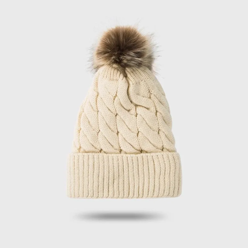 New Style Woolen Cap Thickening Velvet Keeping Warm Solid Color Fur Ball Head Cap Korean Knit Hat Wholesale
