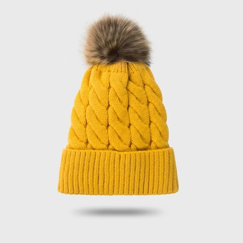 New Style Woolen Cap Thickening Velvet Keeping Warm Solid Color Fur Ball Head Cap Korean Knit Hat Wholesale