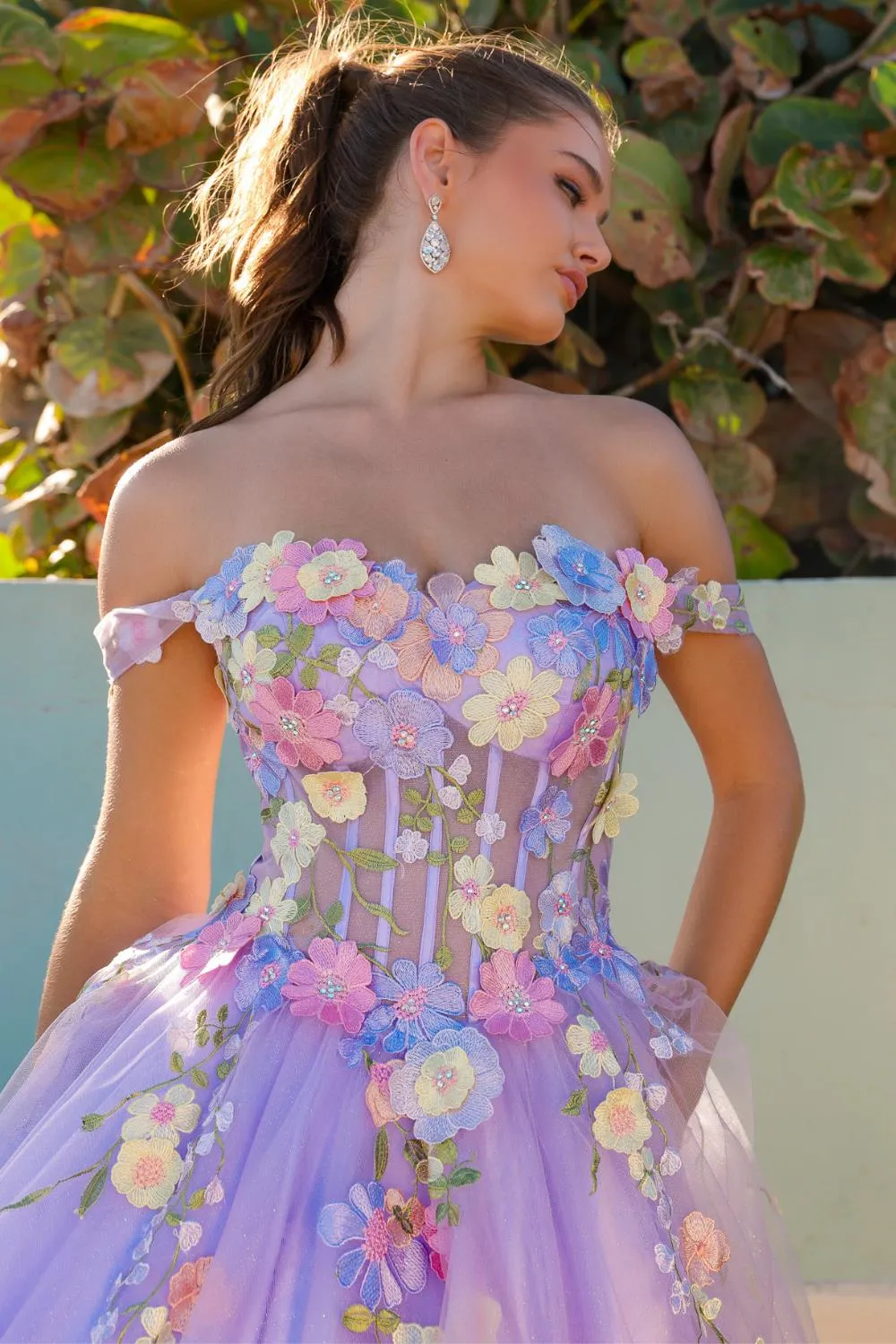 Off Shoulder Embroidered Bodice Tulle Skirt Long Prom Dress