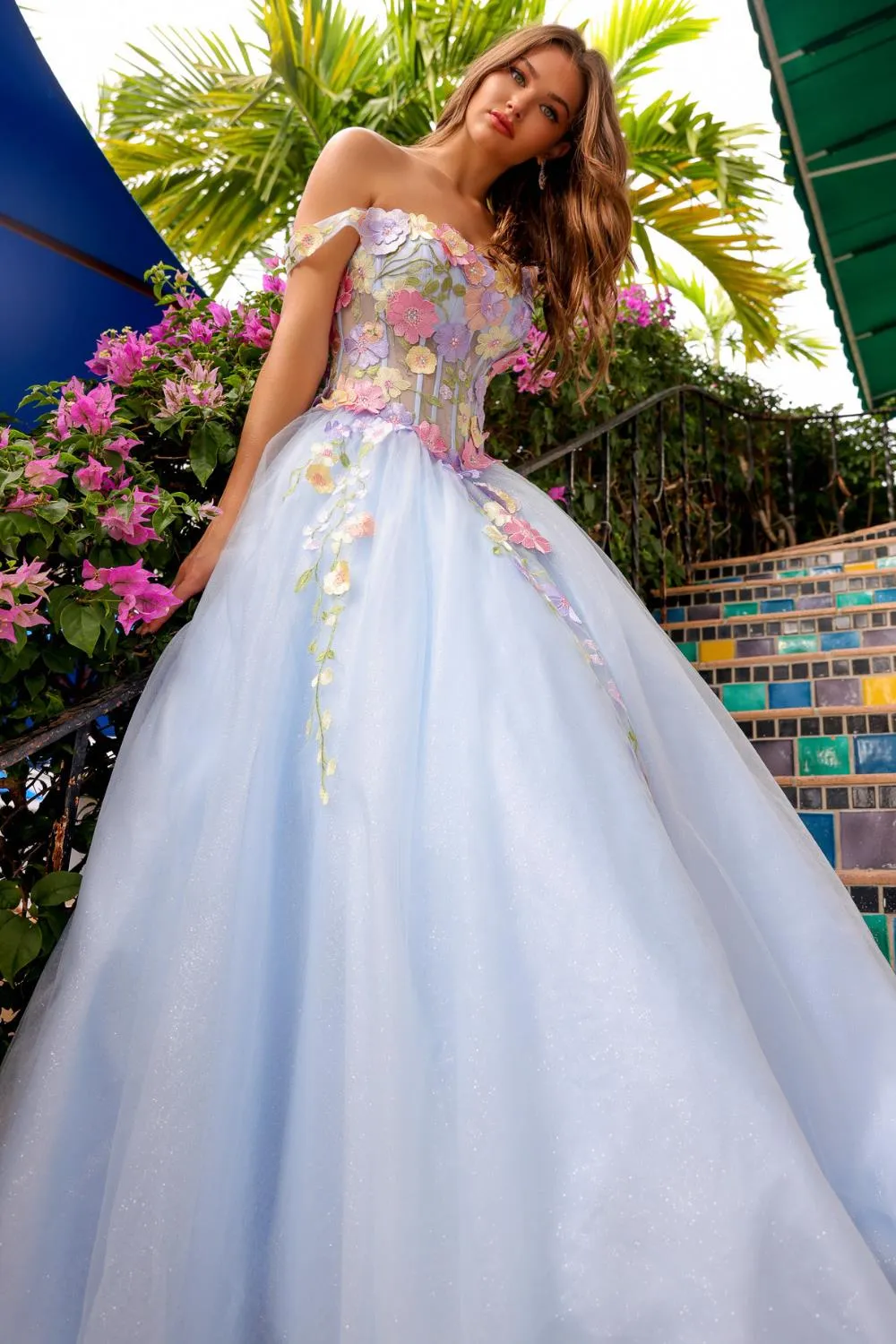 Off Shoulder Embroidered Bodice Tulle Skirt Long Prom Dress